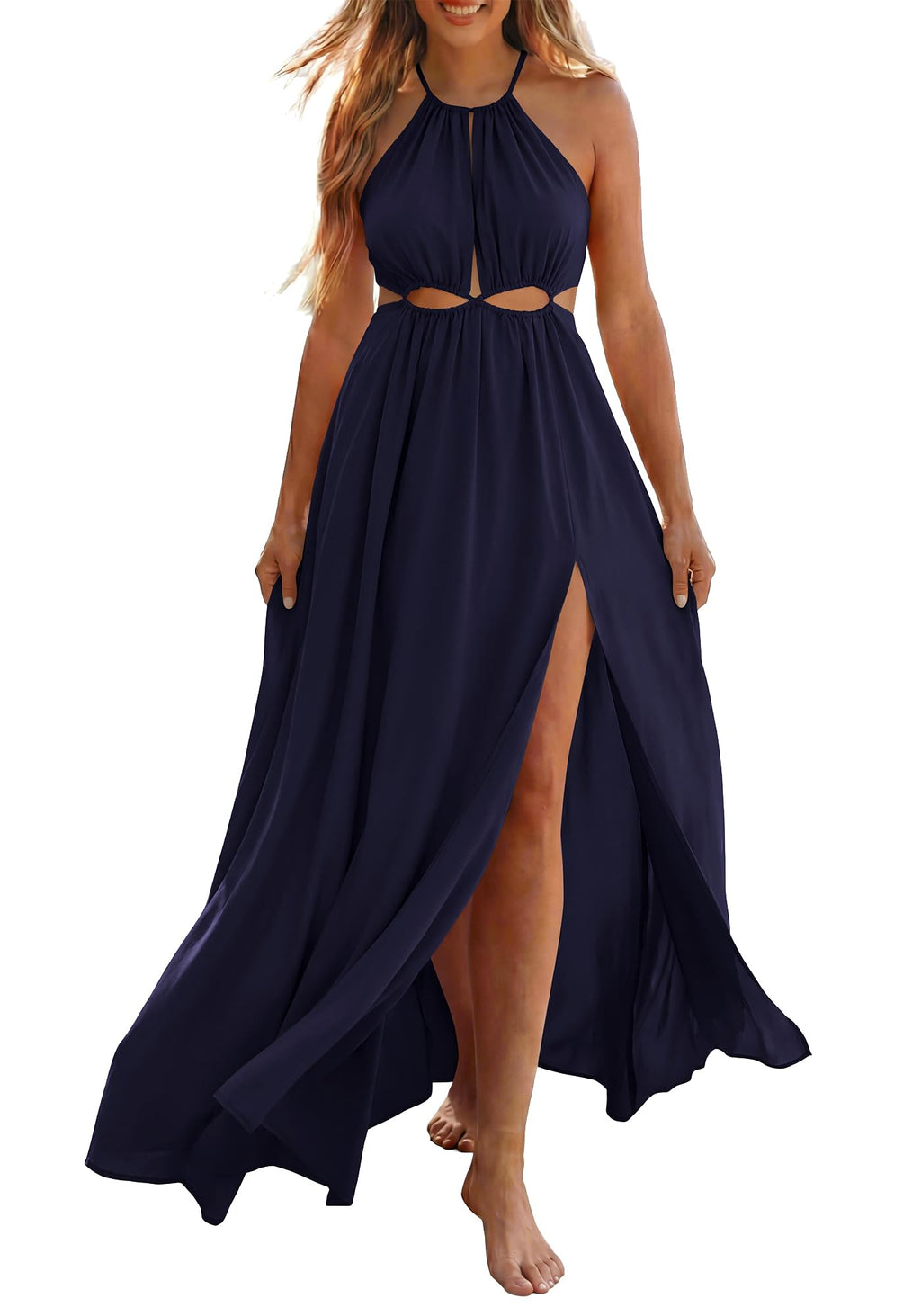 BTFBM Women Halter Summer Dresses Sleeveless Cutout Backless Sundress Slit Boho Maxi Beach Wedding Guest Dress