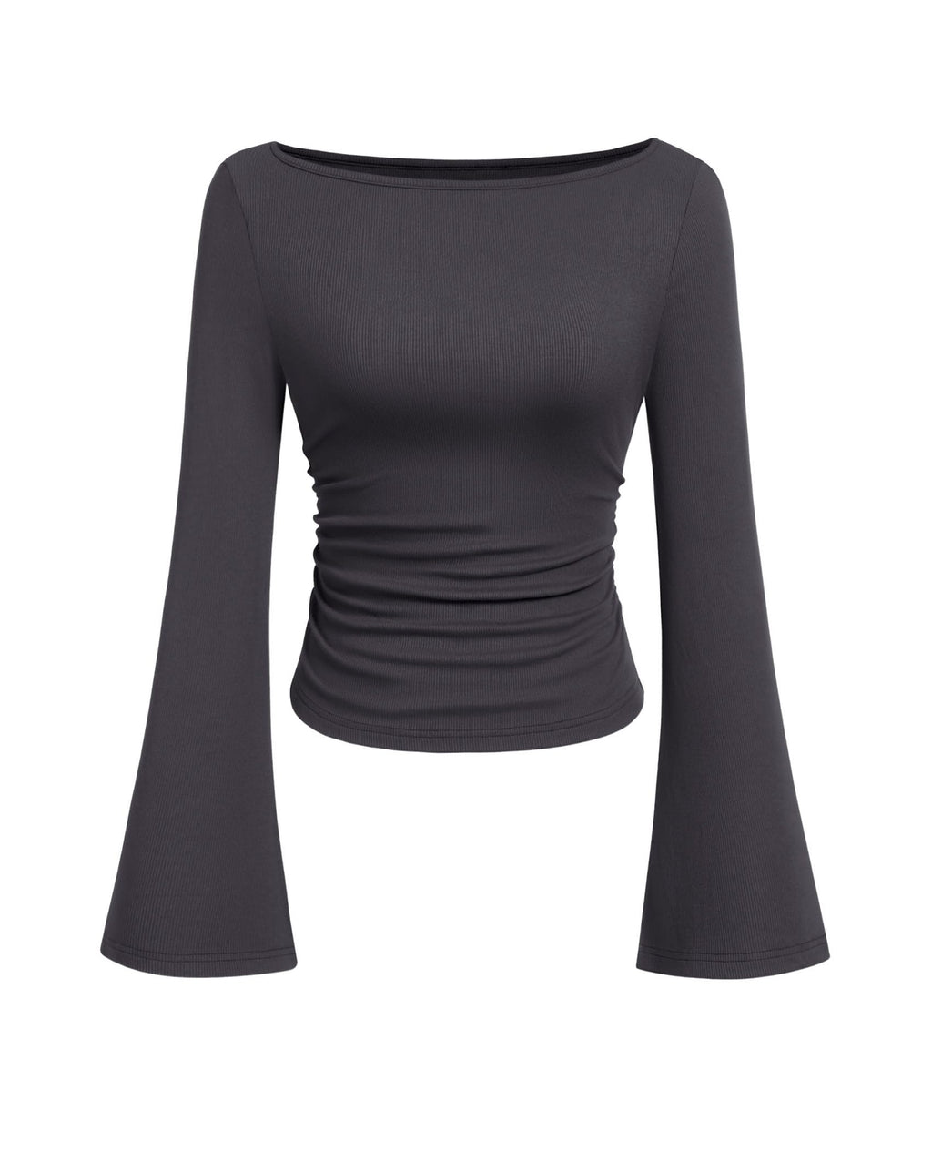 PRETTYGARDEN Women's Long Sleeve Shirts Fall Crop Going Out Tops Casual Boat Neck Bell Sleeve Ribbed Ruched Y2K Clothes