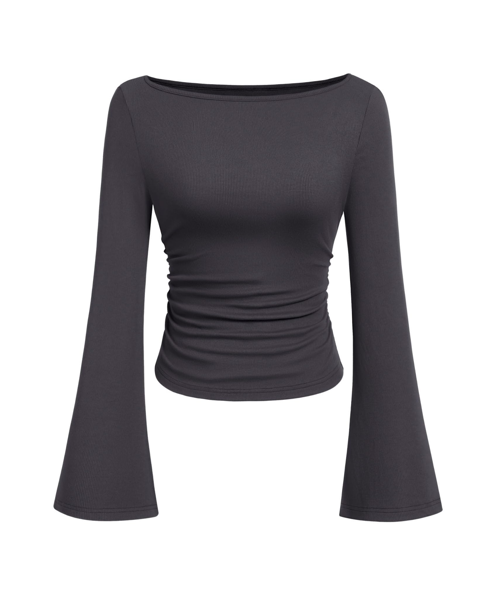 PRETTYGARDEN Women's Long Sleeve Shirts Fall Crop Going Out Tops Casual Boat Neck Bell Sleeve Ribbed Ruched Y2K Clothes