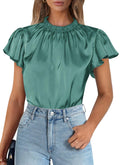 PRETTYGARDEN Business Casual Tops for Women Blouses Dressy  Summer Short Sleeve Ruffle Satin Work Office Attire