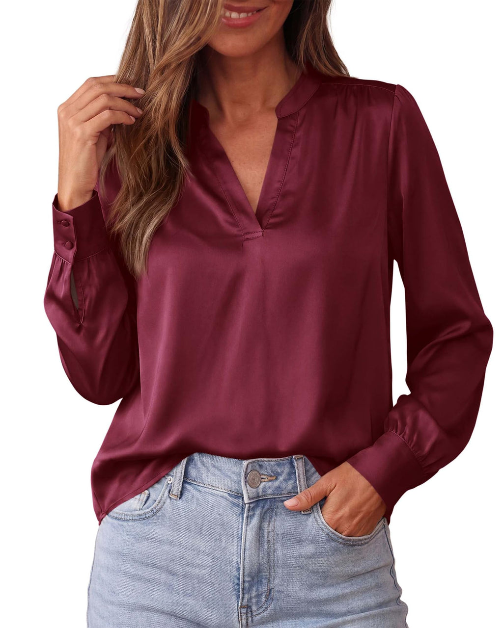 BTFBM Satin Blouses for Women Dressy Casual | Lightweight,V Neck,Long Sleeve Tops,Going Out Outfits,Fall Fashion Clothing