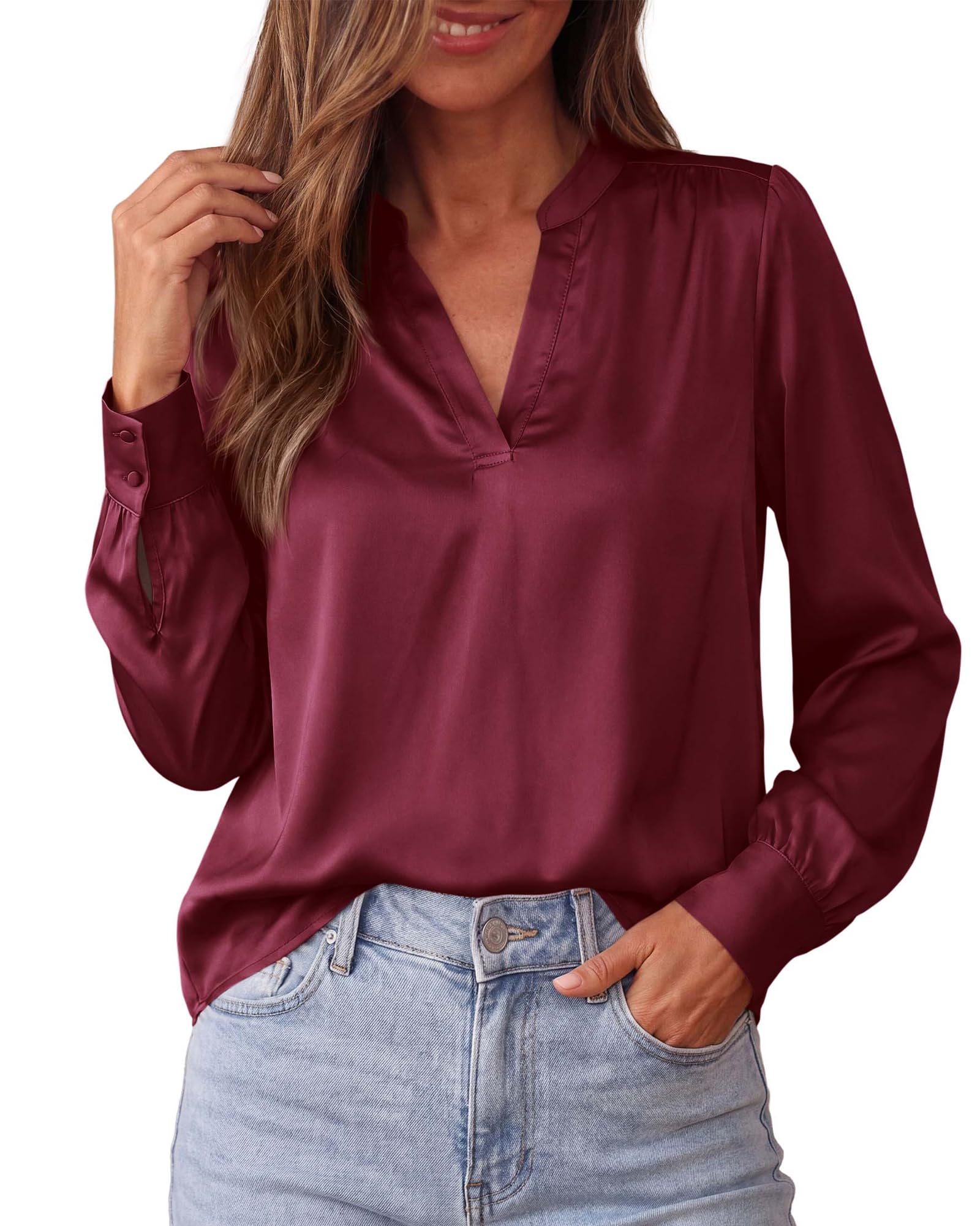 BTFBM Satin Blouses for Women Dressy Casual | Lightweight,V Neck,Long Sleeve Tops,Going Out Outfits,Fall Fashion Clothing