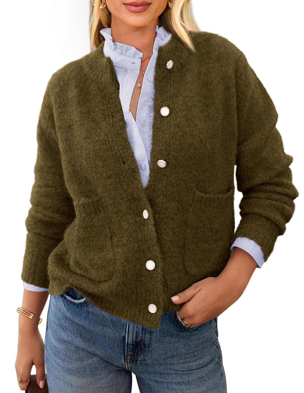 PRETTYGARDEN Women's Knit Cardigan Sweaters Casual Long Sleeve Open Front Button Up Ribbed Fall Spring Sweater Jackets