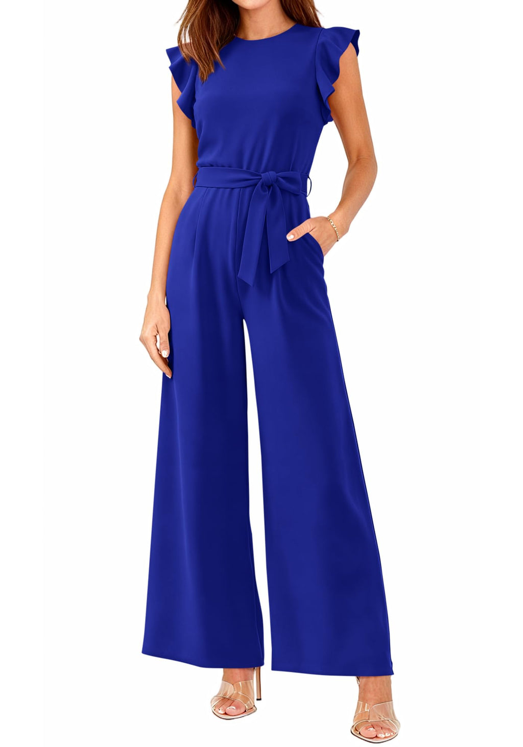 BTFBM Jumpsuits For Women Crew Neck Dressy Cap Sleeve Belted High Waist Wide Leg Romper One Piece Casual Outfits Pockets