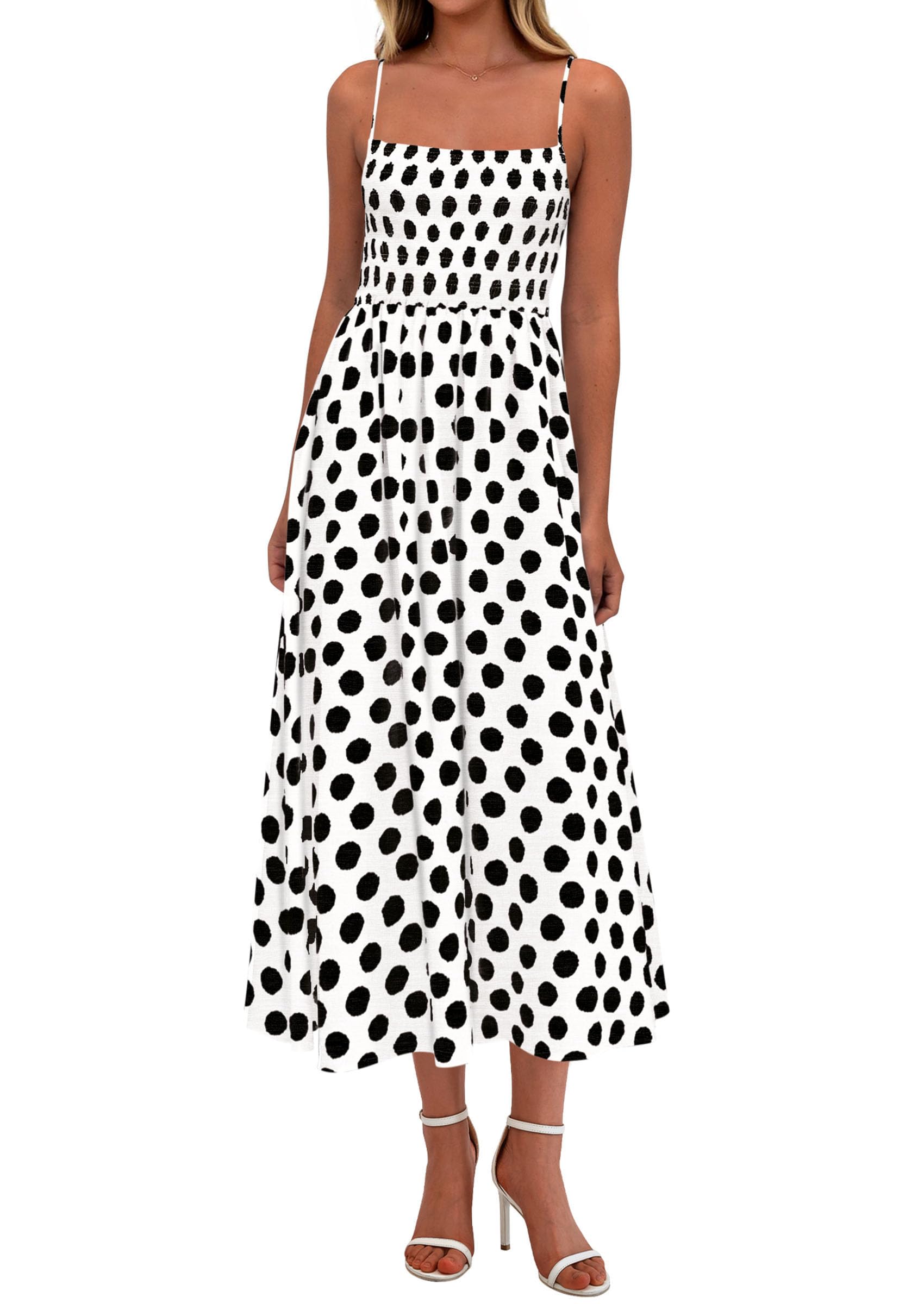 PRETTYGARDEN Womens Polka Dot Dress Summer Sleeveless Spaghetti Straps Smocked Sun Dress Flowy Spring Beach Midi Dresses