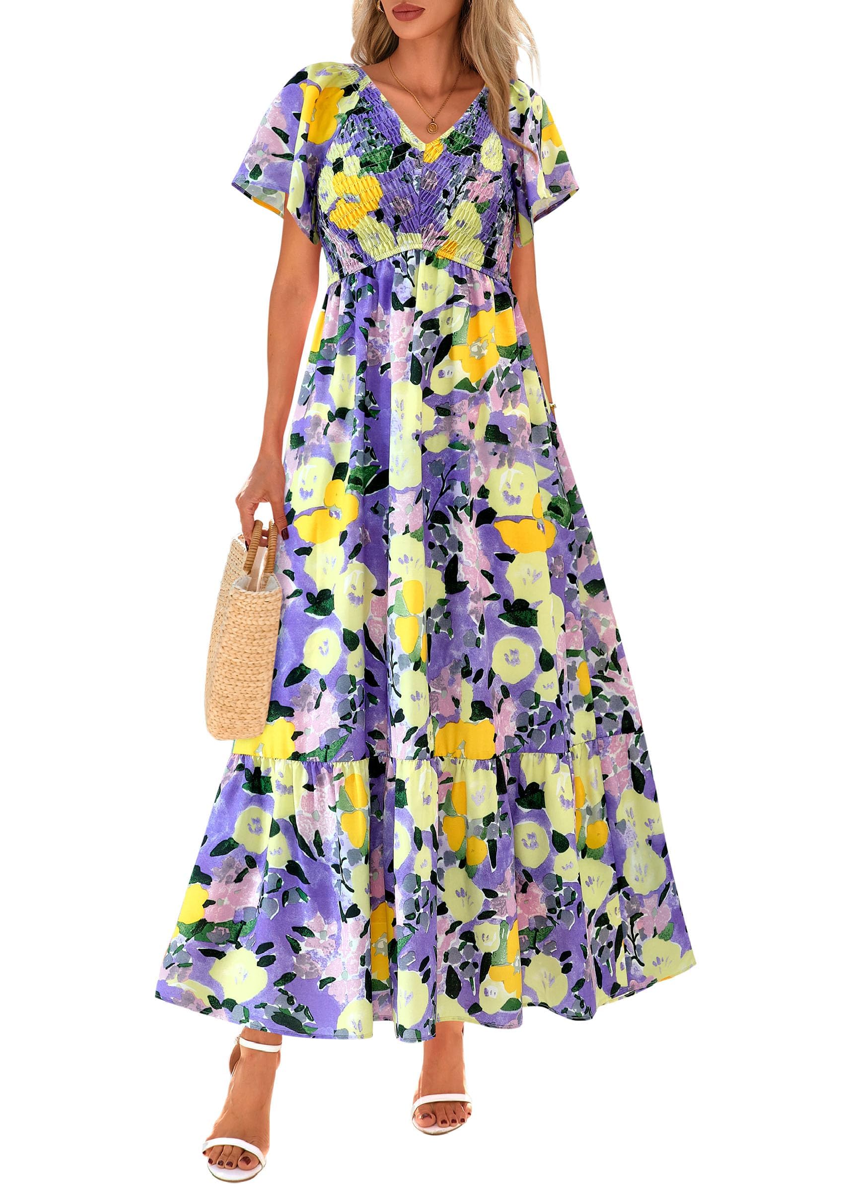 PRETTYGARDEN Boho Dresses for Women Summer Floral Short Sleeve V Neck Smocked Flowy Beach Vacation Maxi Dress