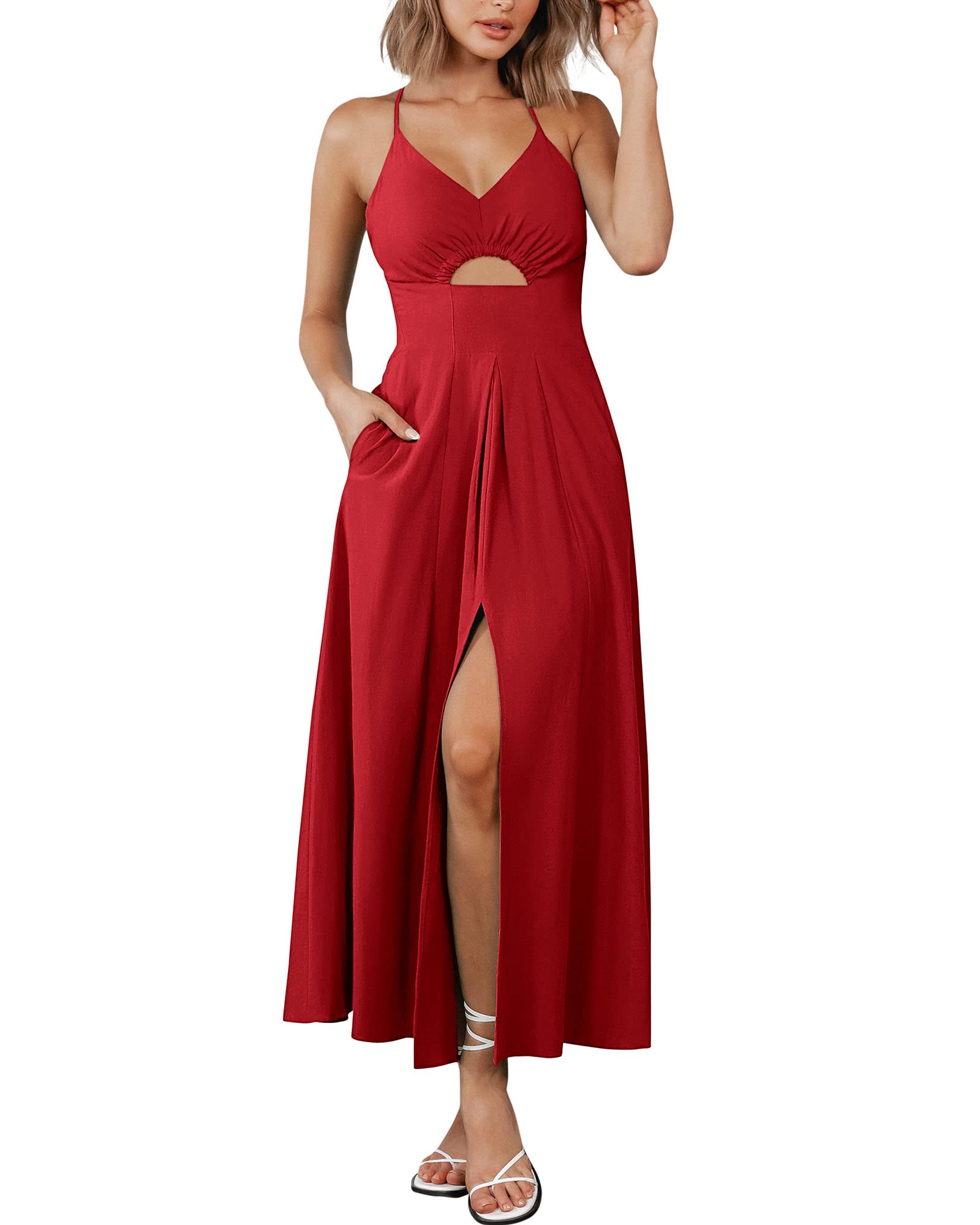 BTFBM Women Spaghetti Strap Midi Summer Dresses Sleeveless V Neck Cutout Slit Casual Beach Party Maxi Dress Pockets