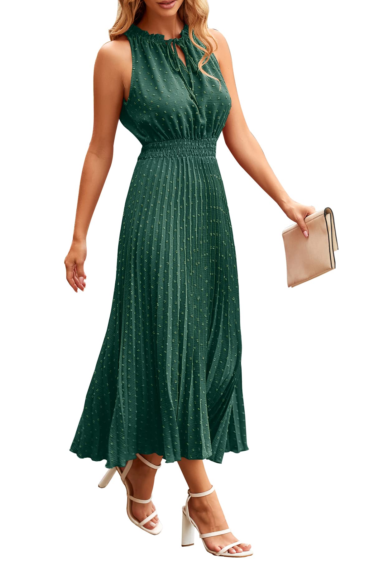PRETTYGARDEN Women's Midi Summer Dresses Casual V Neck Swiss Dot Ruffle Sleeveless A Line Beach Sun Dress