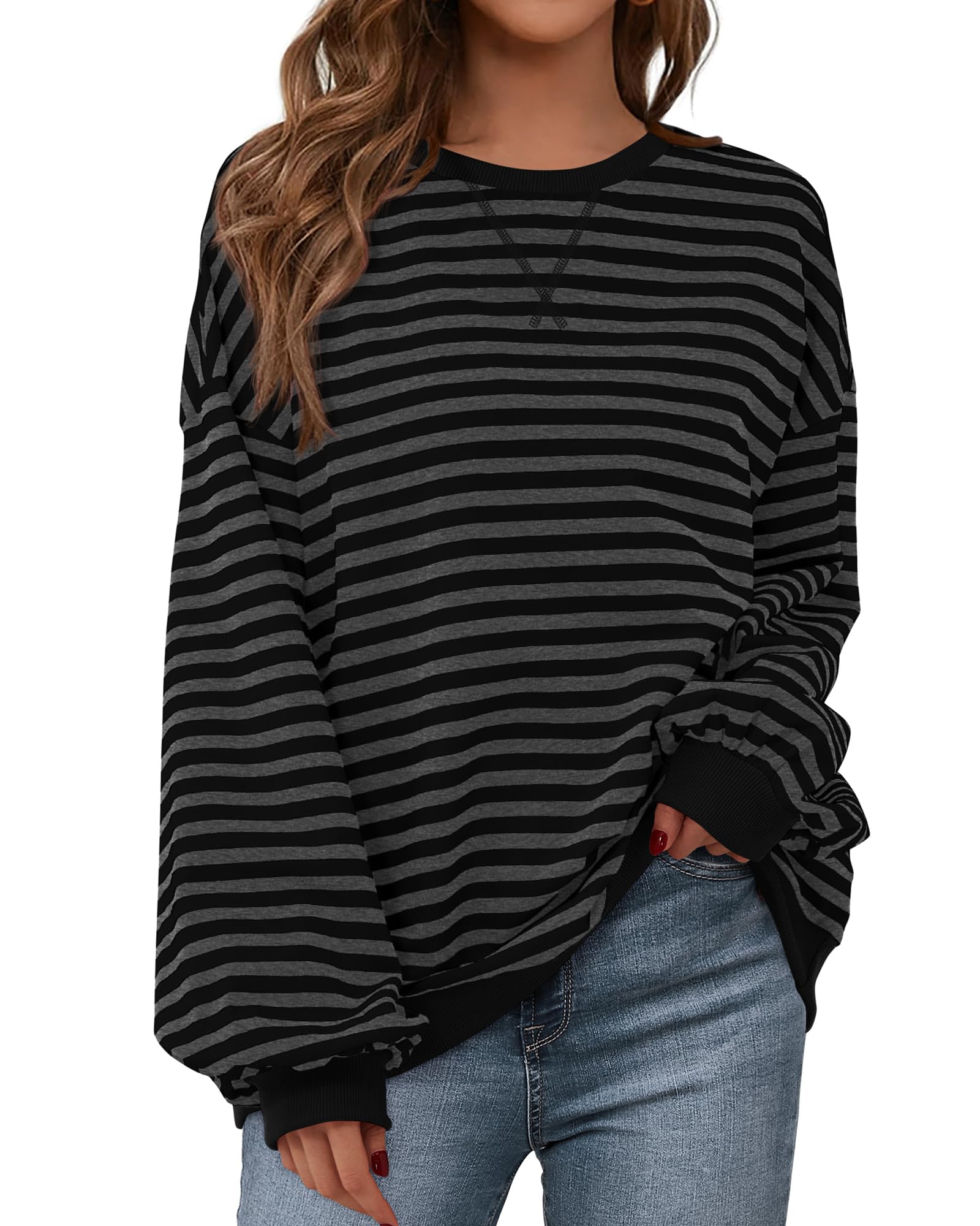 BTFBM Sweatshirt For Women Summer Crewneck Long Sleeve Oversized Striped Pullover Tops Y2K Clothes Workout Shirt