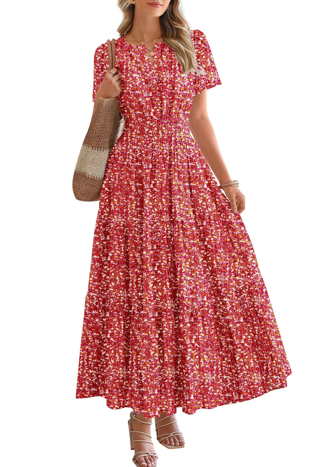 BTFBM Womens Summer Floral Maxi Dresses V Neck Short Sleeve Boho Casual Flowy Long Wedding Guest Dress Beach Vacation