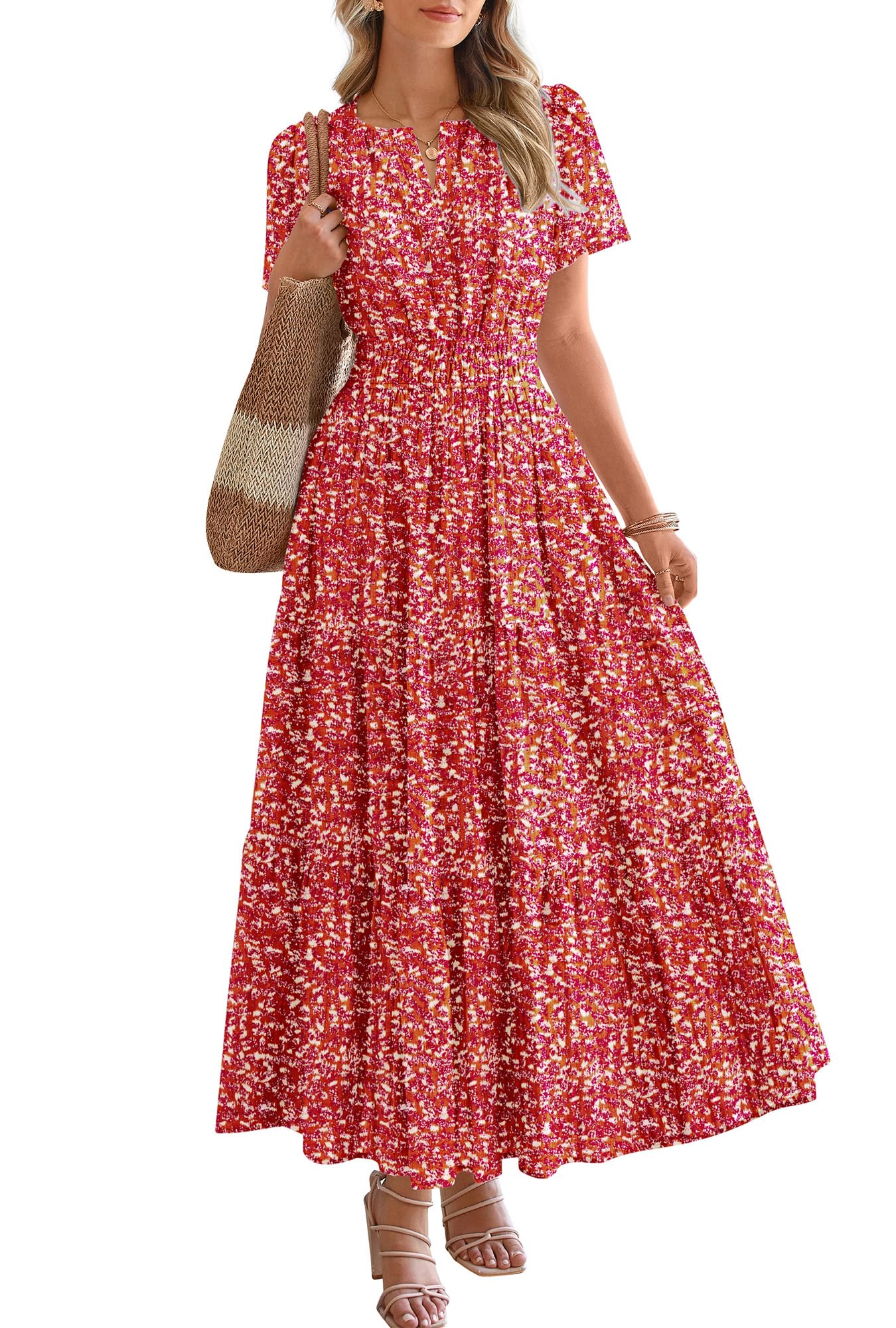 BTFBM Womens Summer Floral Maxi Dresses V Neck Short Sleeve Boho Casual Flowy Long Wedding Guest Dress Beach Vacation