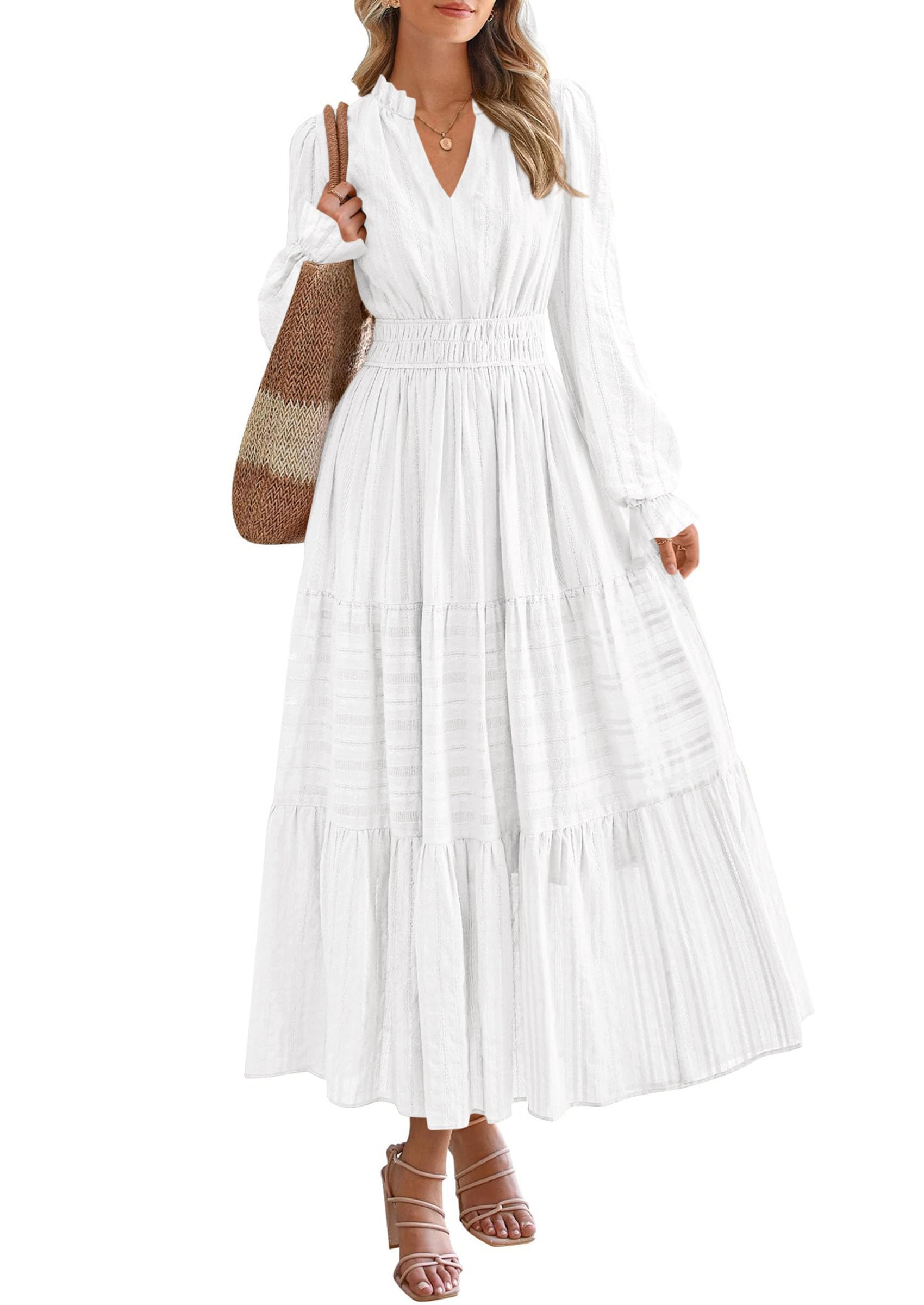 PRETTYGARDEN Women's Fall Wedding Guest Dresses Long Sleeve V Neck Flowy Elegant Holiday Party Maxi Dress with Pockets