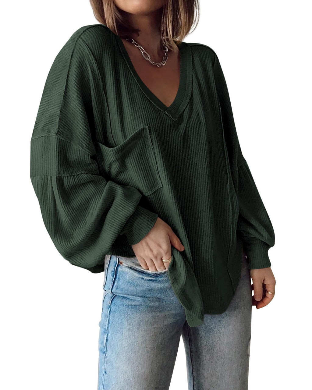 FreshPretty Womens Fall Fashion Long Sleeve Shirts Casual V Neck Ribbed Knit Blouses Pullover Trendy Loose Fit Tunic Tops