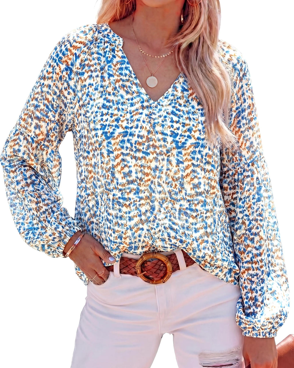 BTFBM Blouses for Women Dressy Casual Floral Summer Boho Tops V Neck Lightweight Long Sleeve Shirts Spring Clothes