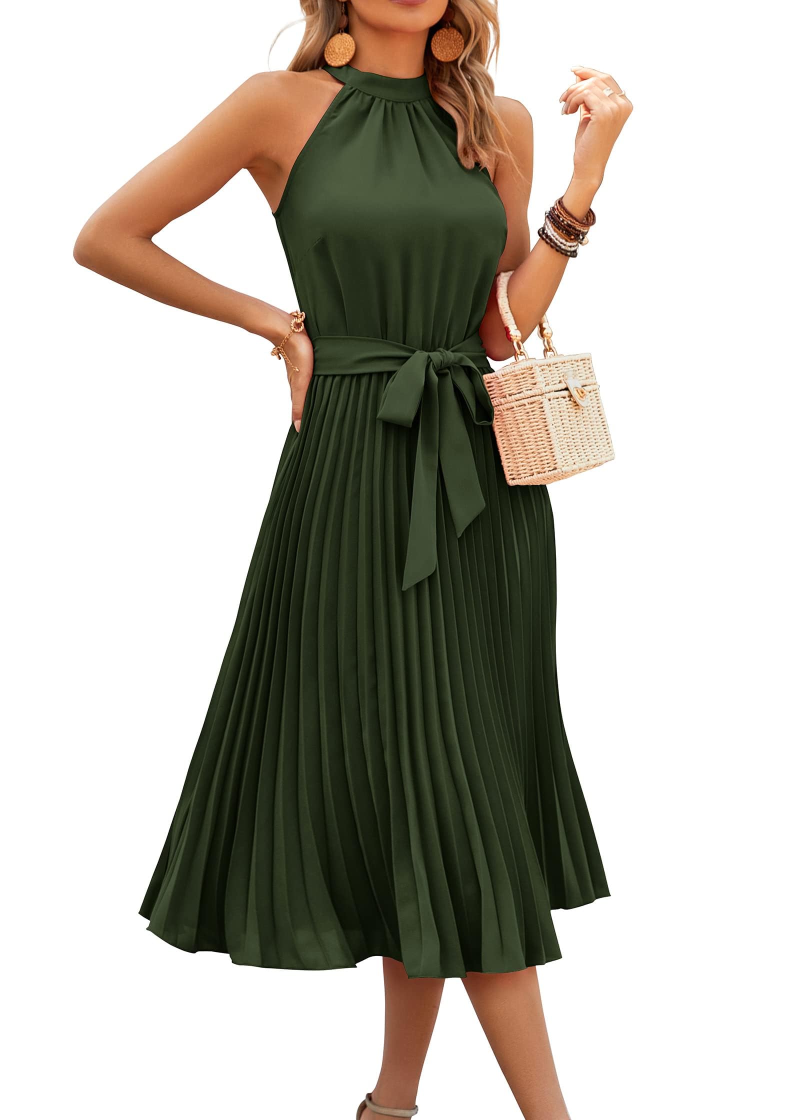 FreshPretty Women's Summer Sleeveless Halter Neck Pleated Midi Cocktail Dresses A Line Flowy Beach Sun Dress with Belt
