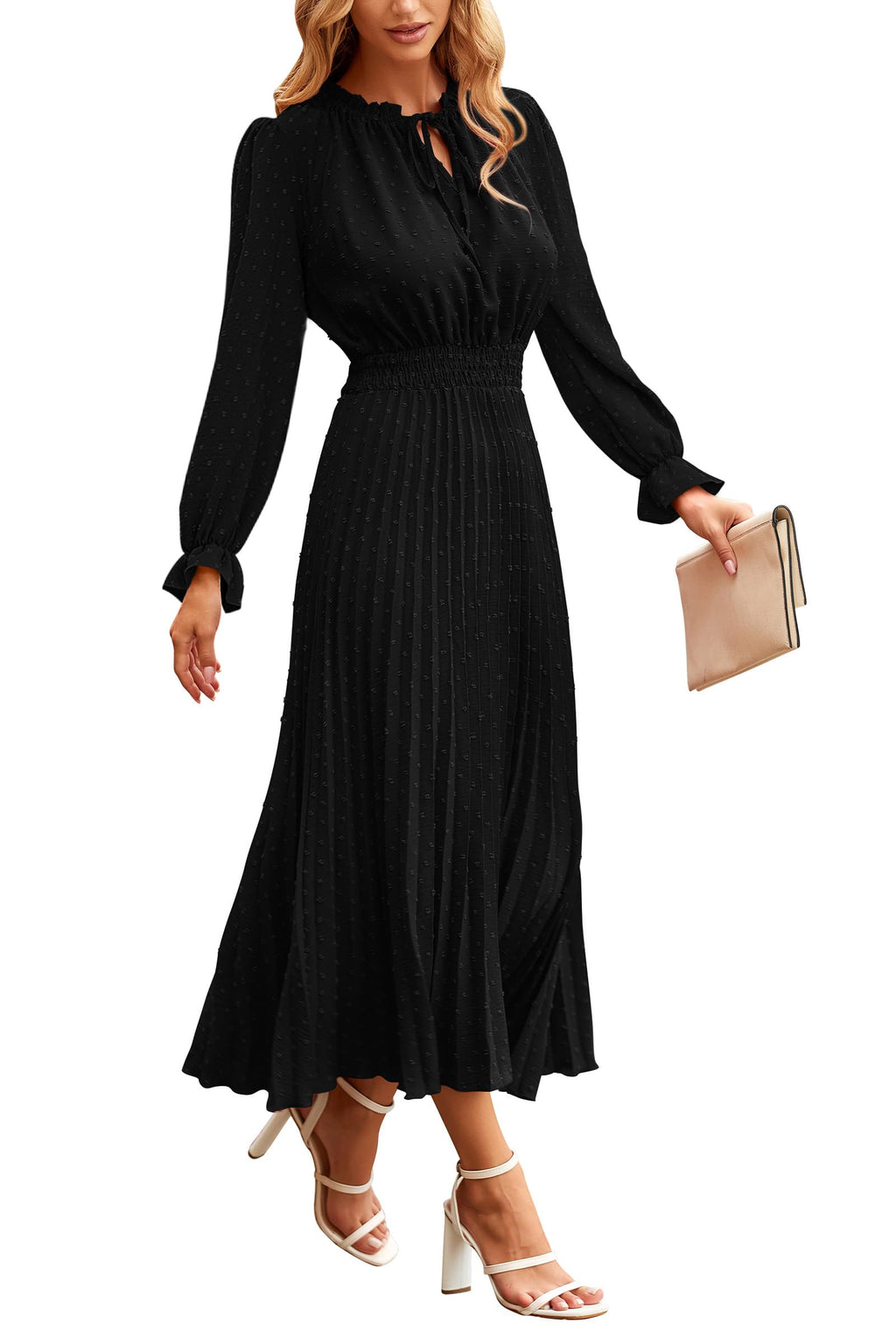 PRETTYGARDEN Women's Spring Fall Midi Dress Casual Long Sleeve V Neck Swiss Dot Pleated A Line Flowy Dresses