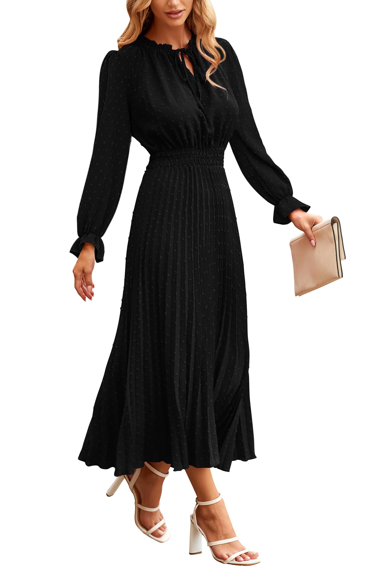 PRETTYGARDEN Women's Spring Fall Midi Dress Casual Long Sleeve V Neck Swiss Dot Pleated A Line Flowy Dresses