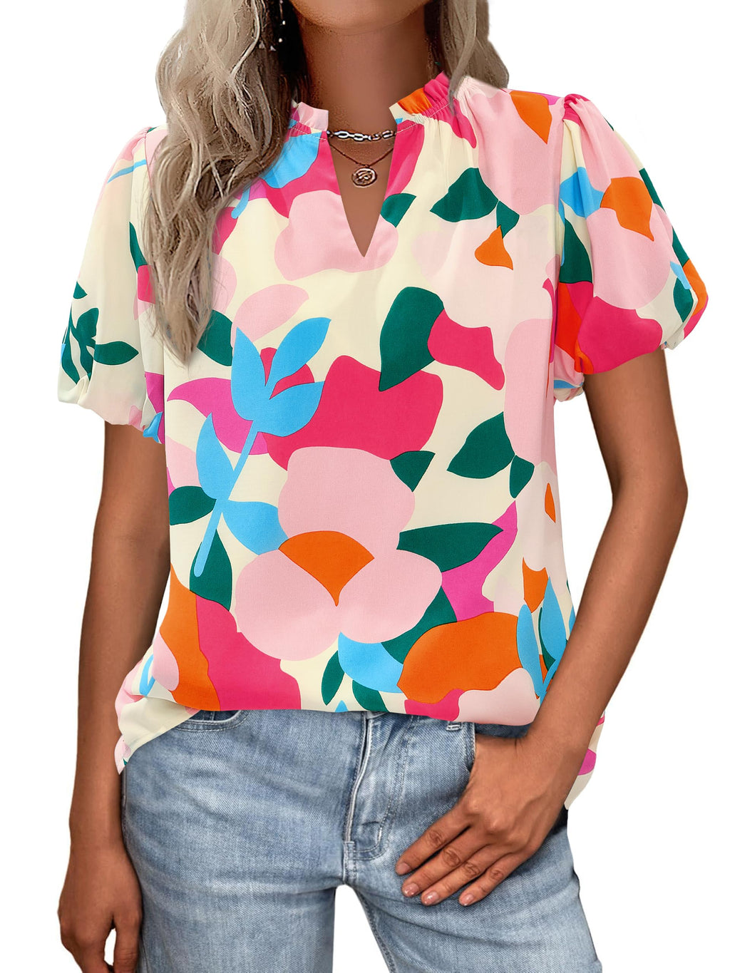 PRETTYGARDEN Boho Short Sleeve Floral Work Blouses for Women Dressy Casual V Neck Puff Sleeve Loose Chiffon Flowy Tops Shirts