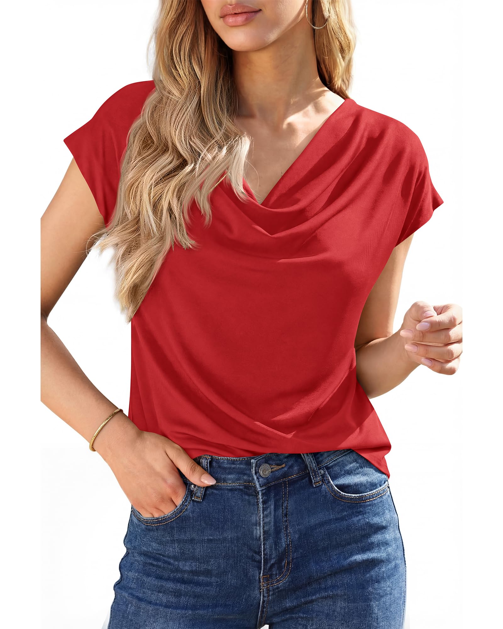 FreshPretty Blouses for Women Dressy Casual Spring Summer Tops Cowl Neck Short Sleeve Shirts Work Office Business Outfits