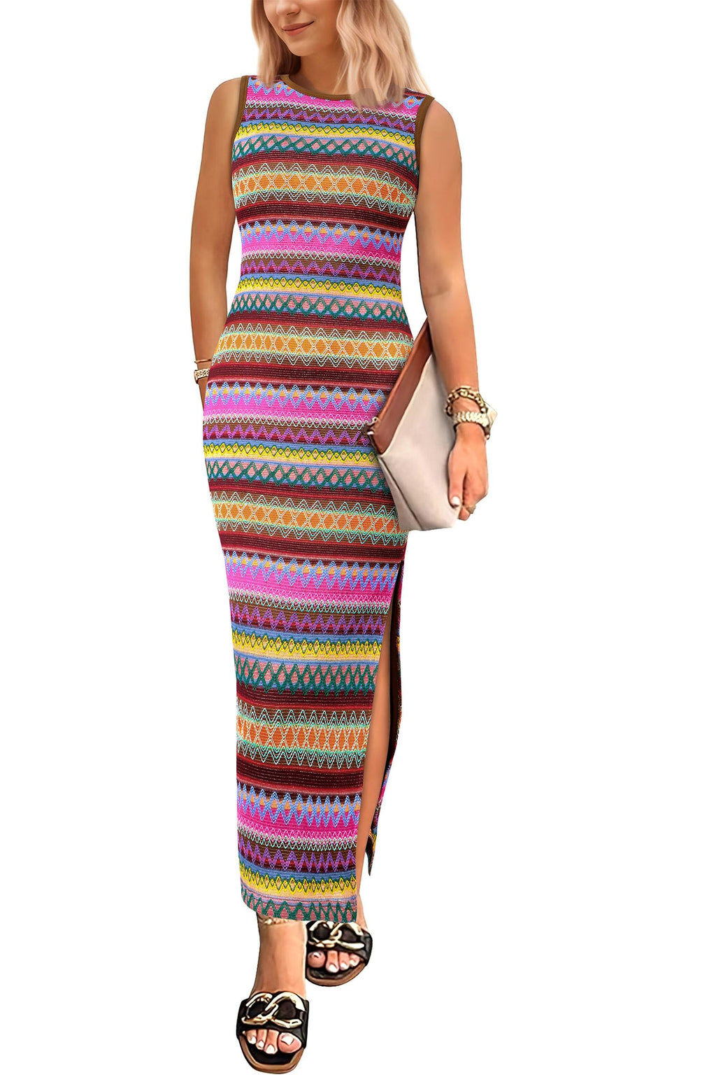 PRETTYGARDEN Summer Dresses for Women Casual Sleeveless Hollow Out Knit Side Slit Striped Beach Vacation Midi Dress