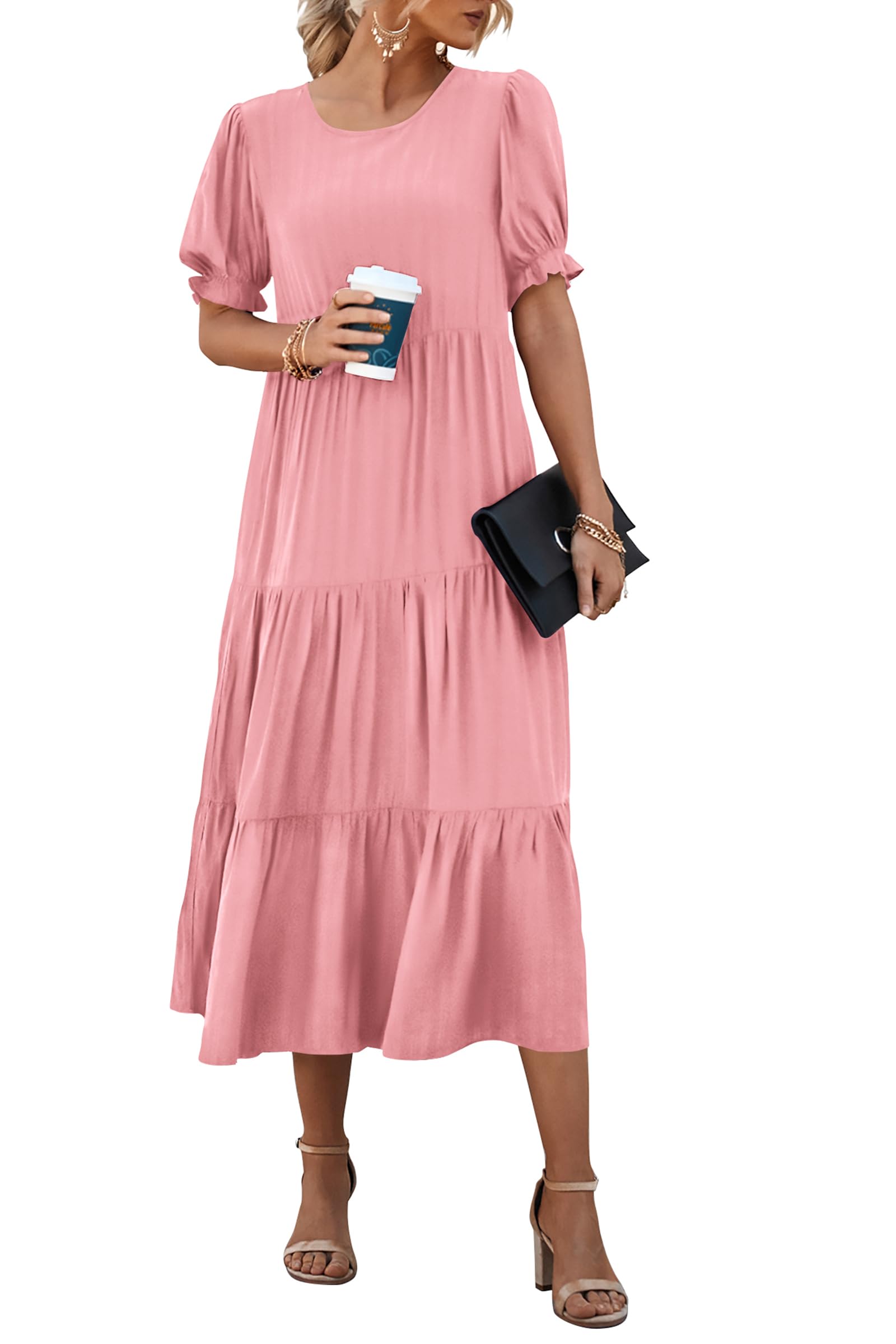 PRETTYGARDEN Summer Dresses for Women Casual Floral Boho Midi Sun Dress Puff Short Sleeve Flowy Beach Vacation Sundress