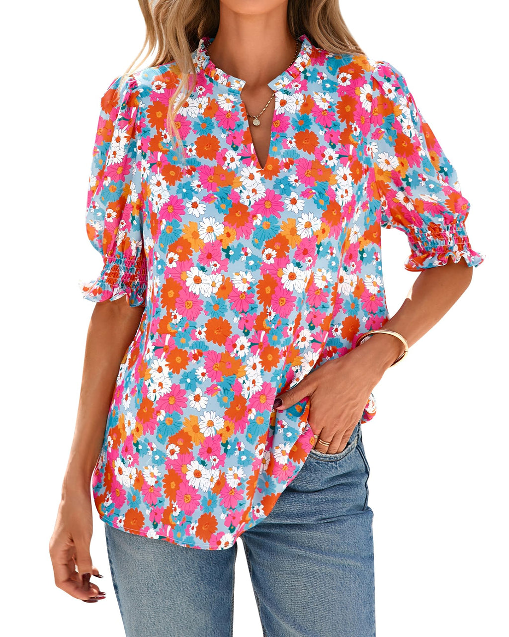FreshPretty Summer Blouses for Women Dressy Casual  Fashion Spring Tops Floral Boho V Neck Puff Short Sleeve Top Shirts