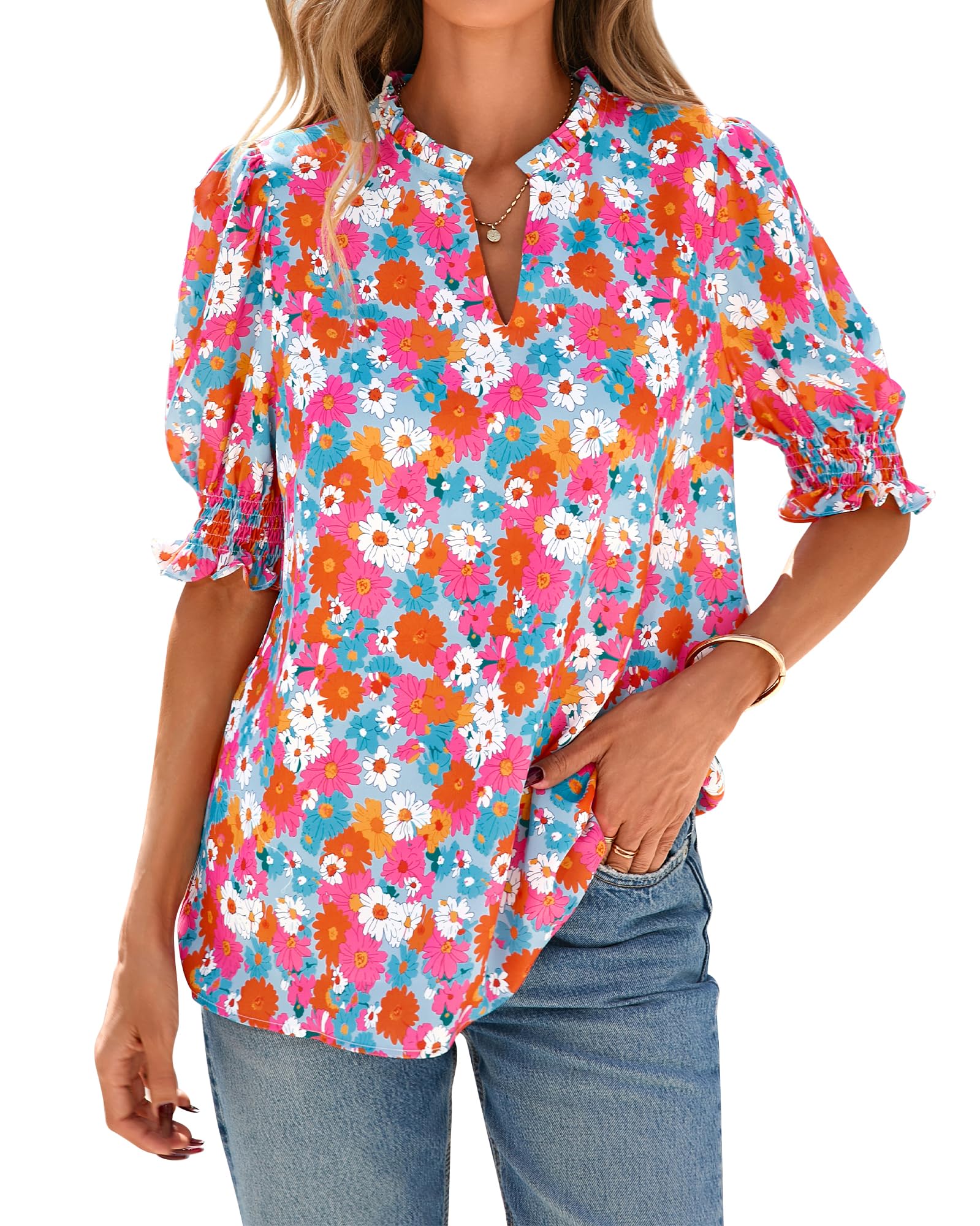 FreshPretty Summer Blouses for Women Dressy Casual  Fashion Spring Tops Floral Boho V Neck Puff Short Sleeve Top Shirts