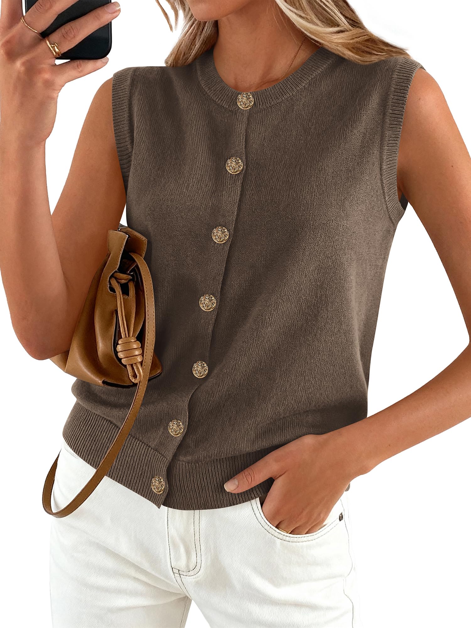 BTFBM Sweater Vest Women Casual Crewneck Loose Button Down Knit Sleeveless Cardigan Spring Clothes Summer Vest Tops