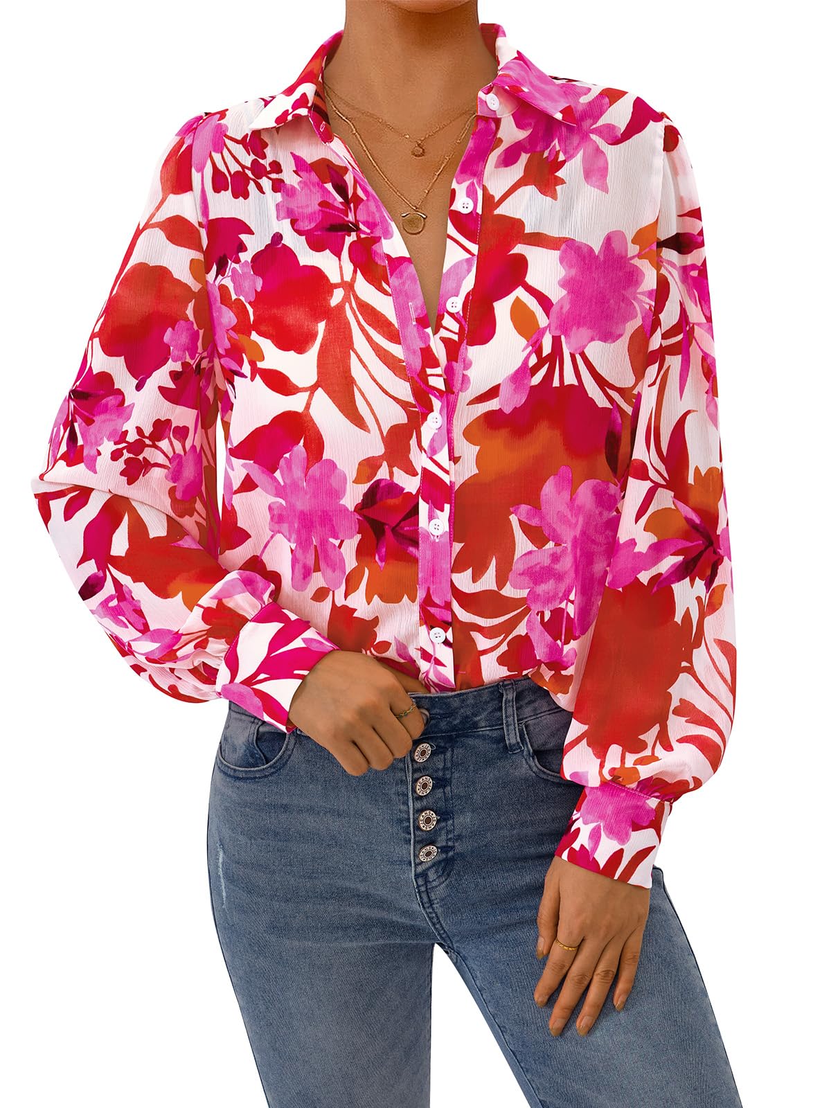 PRETTYGARDEN Women's Floral Blouses Dressy Casual V Neck Button Down Shirts Lantern Long Sleeve Boho Chiffon Spring Tops