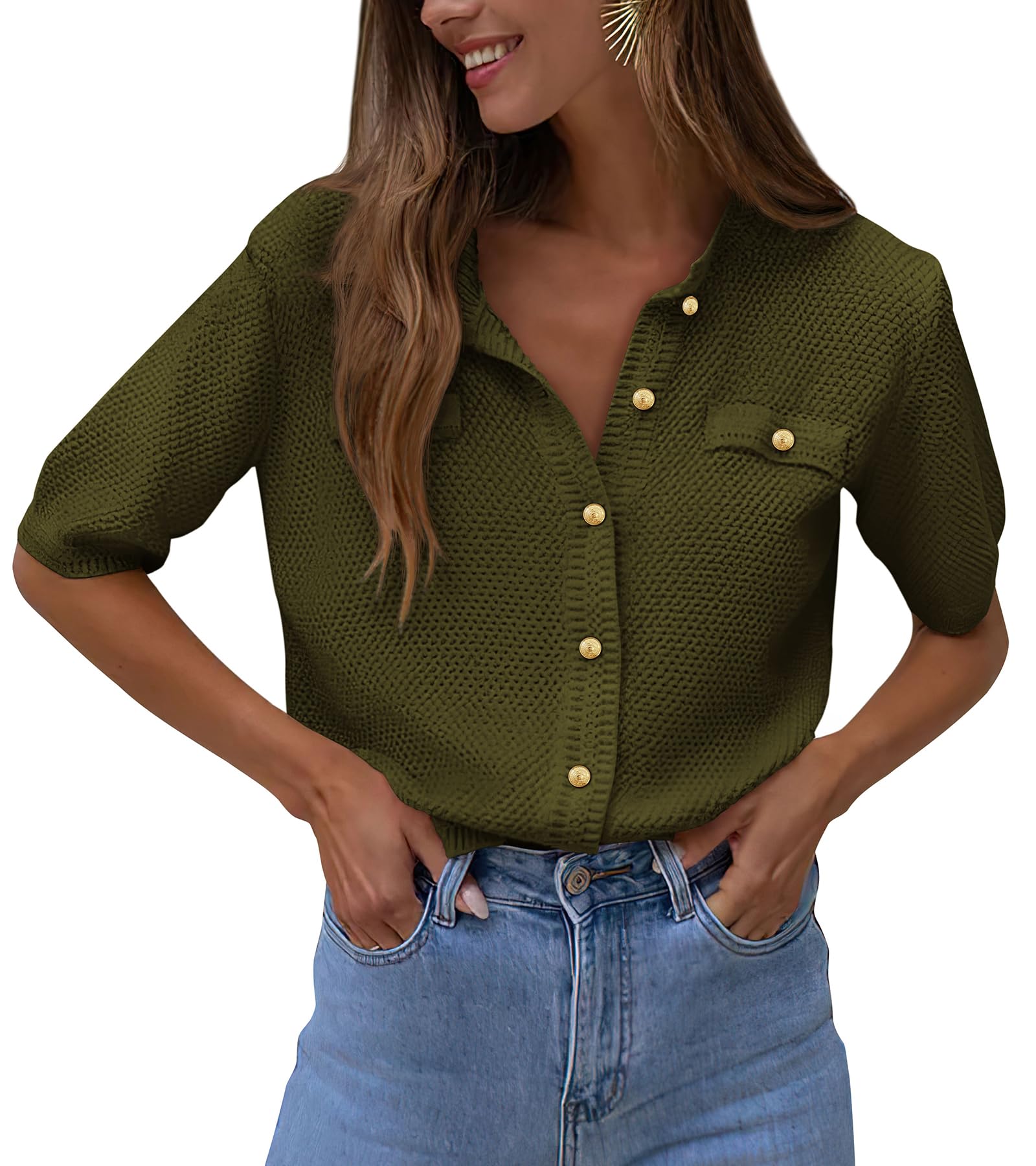 PRETTYGARDEN Women's Summer Button Down Shirts Casual Short Sleeve Crew Neck Ribbed Knit Blouse Top Cardigans