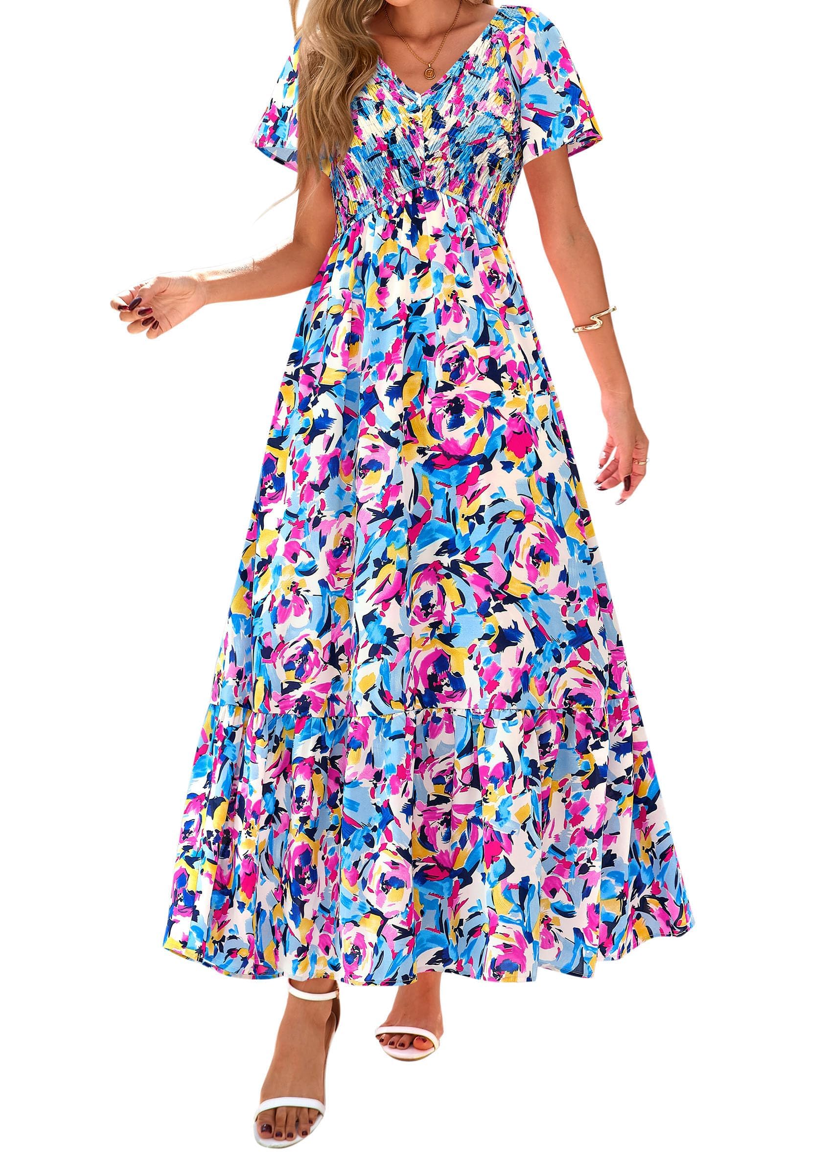PRETTYGARDEN Boho Dresses for Women Summer Floral Short Sleeve V Neck Smocked Flowy Beach Vacation Maxi Dress