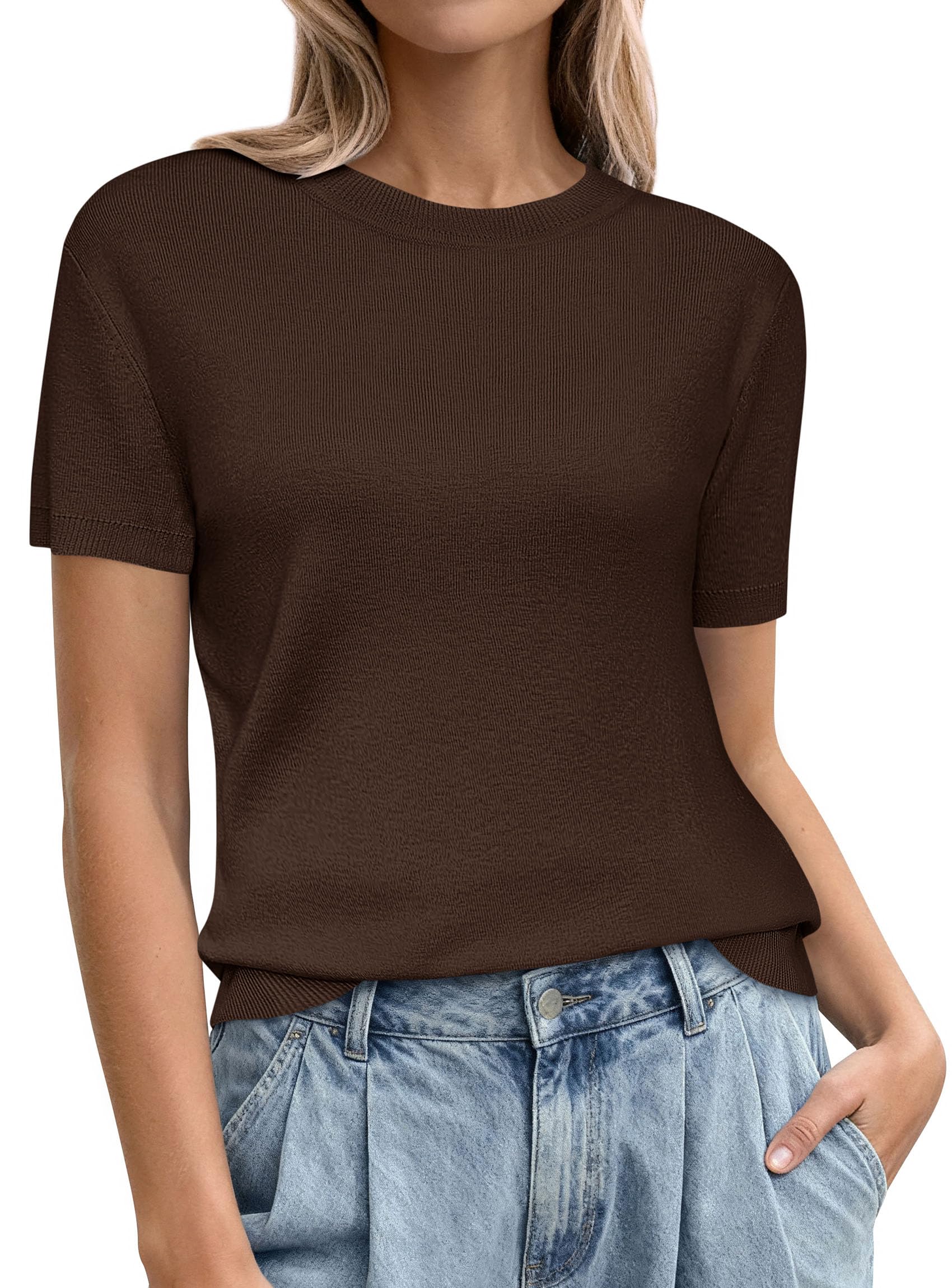 PRETTYGARDEN Women's Short Sleeve Sweaters Spring Crew Neck Knit Work Shirts Business Casual Tops Summer Fashion Clothes