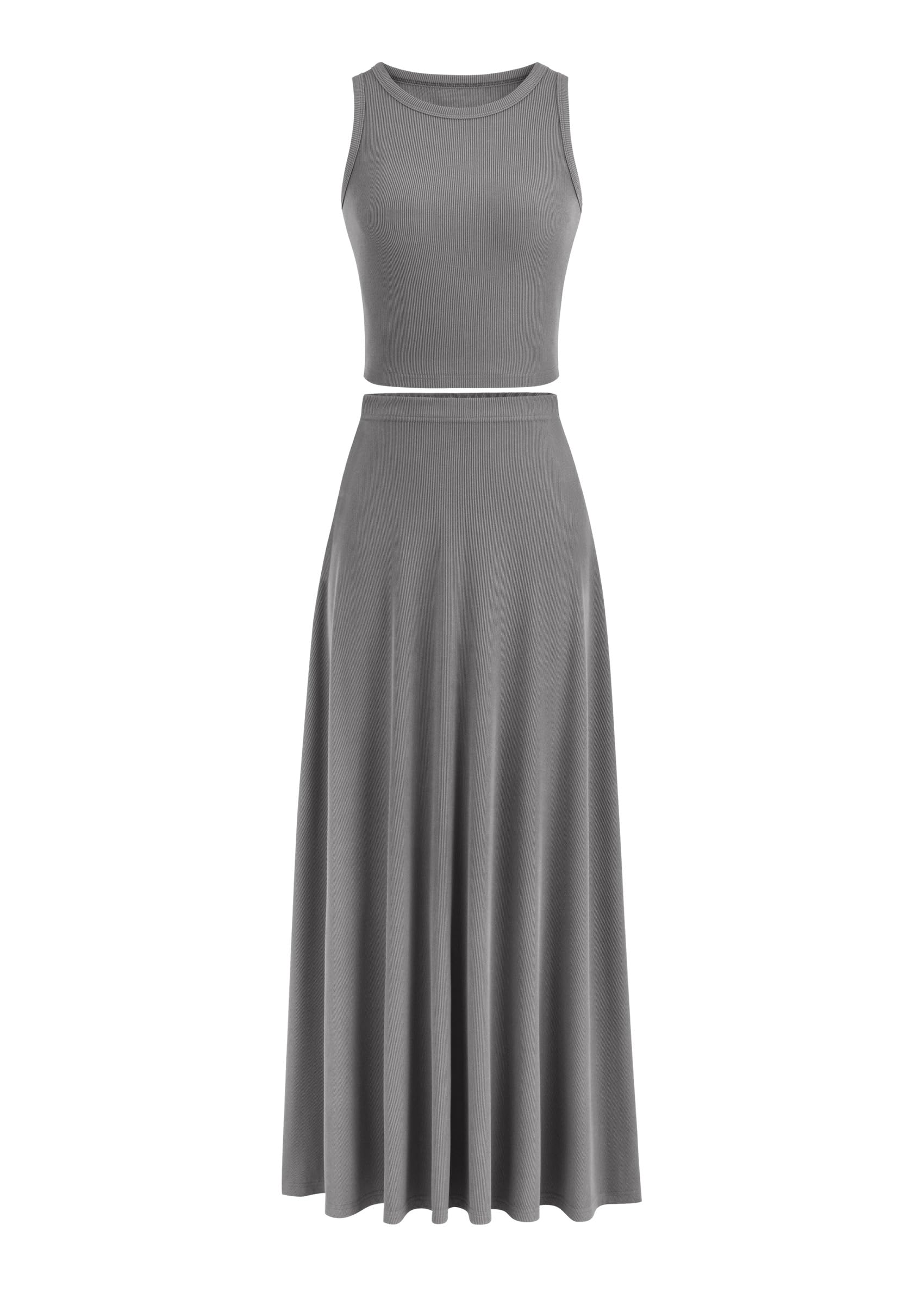 PRETTYGARDEN Women's 2 Piece Maxi Skirt Sets Casual Summer Knit Cropped Tank Top High Waisted Long Skirts Outfit