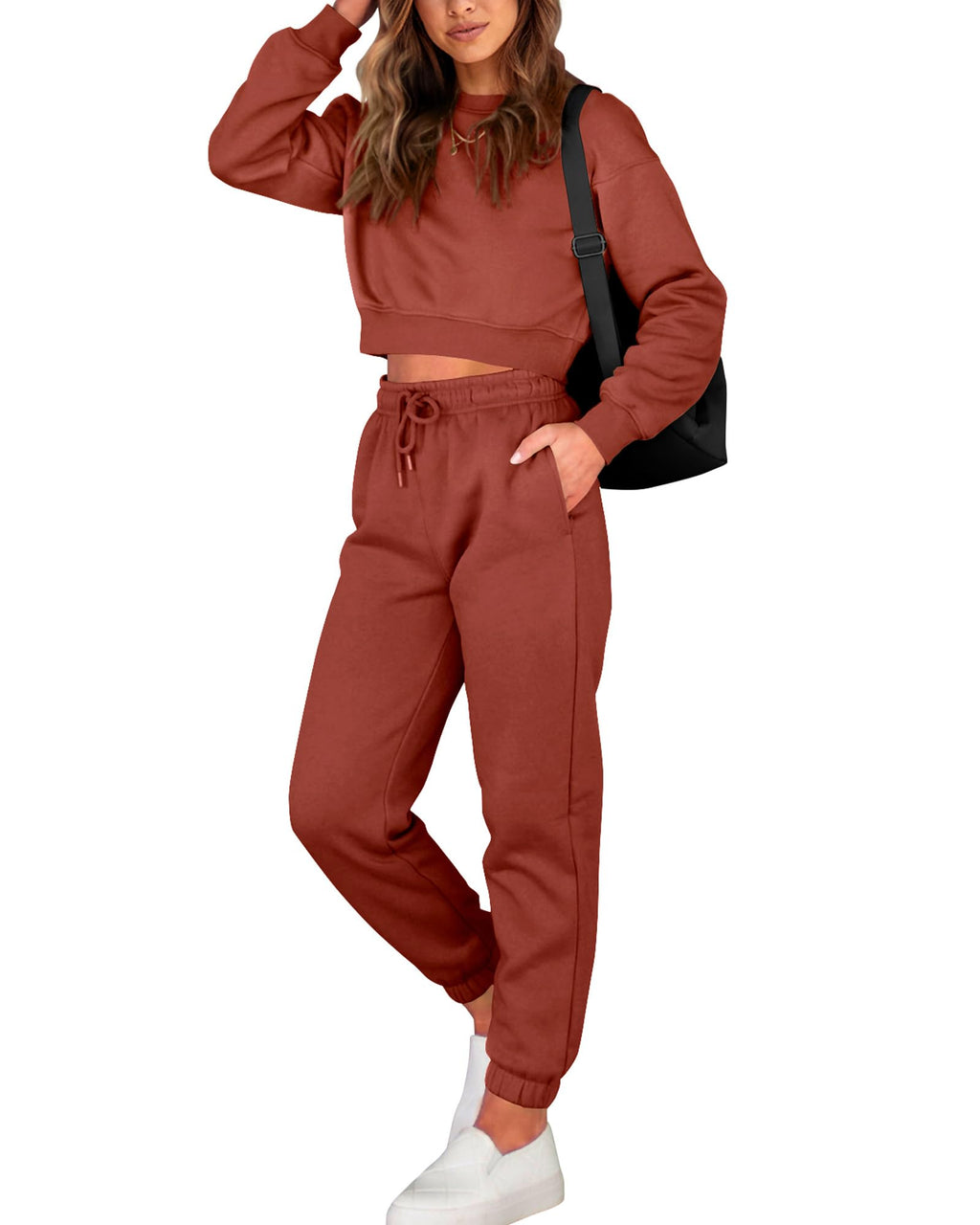 BTFBM Women 2 Piece Outfits Long Sleeve Crop Top Pullover Drawstring Pant Jogger Set Casual Sweatsuits Tracksuit Pockets