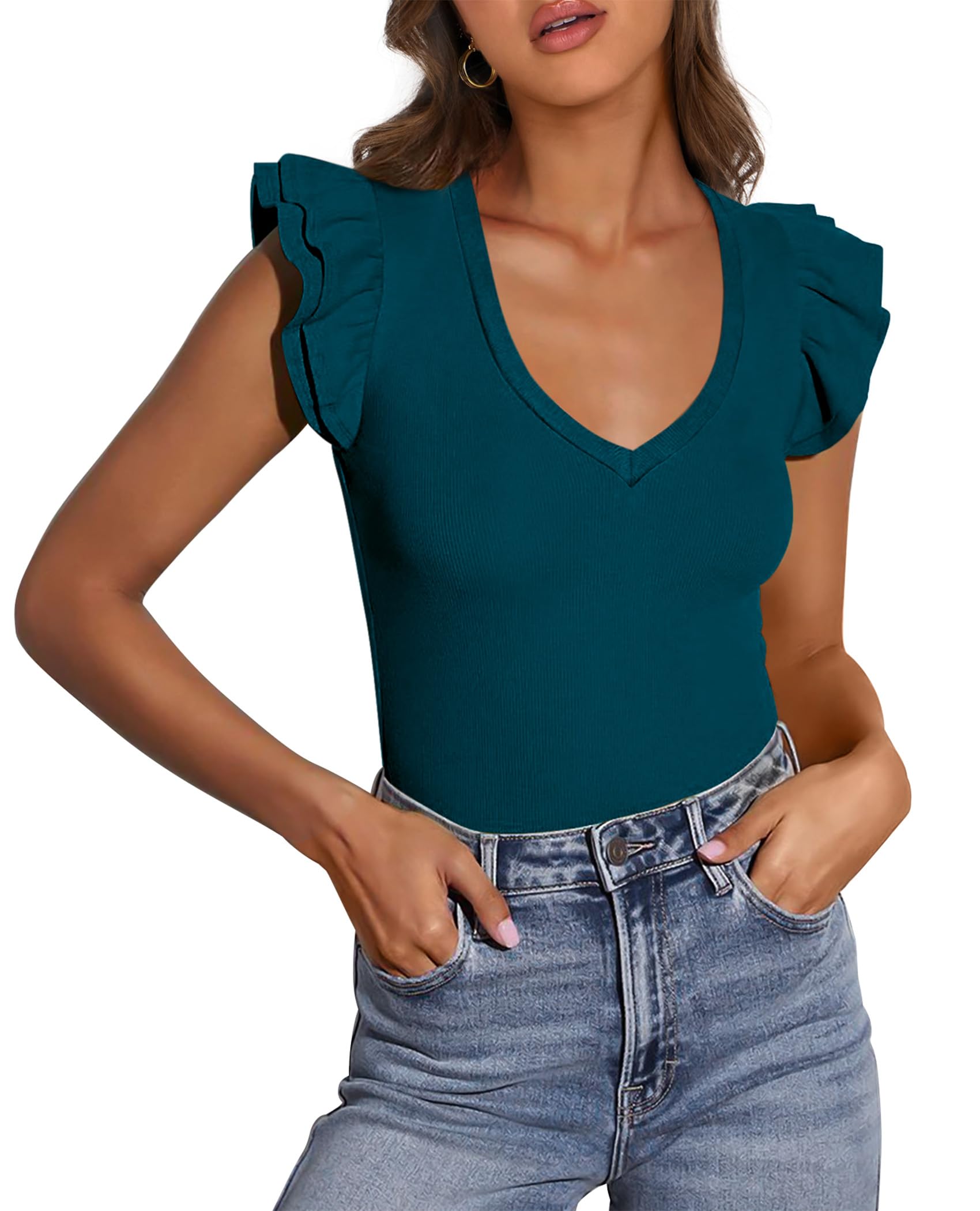 PRETTYGARDEN Womens V Neck Summer Tops Ruffle Sleeveless Slim Fit T Shirts Going Out Casual Blouses