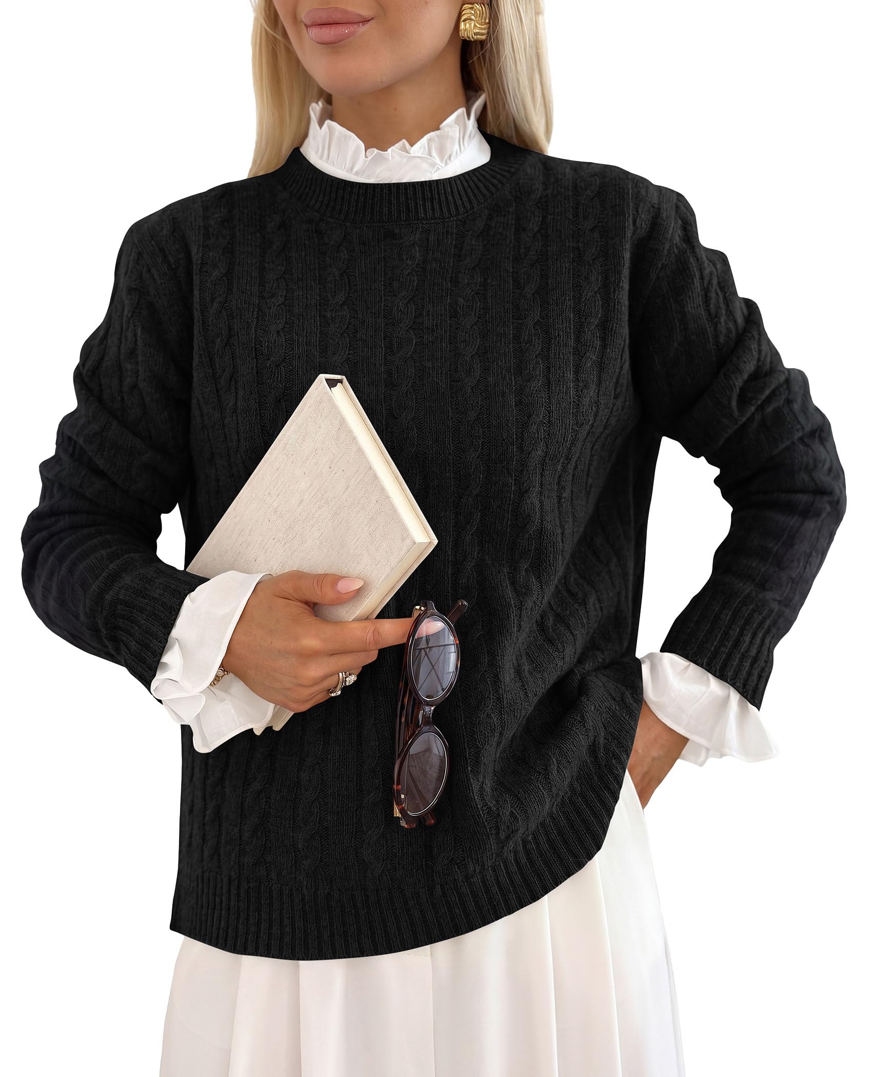 PRETTYGARDEN Women's Cable Knit Sweaters Long Sleeve Pullover Fall Outfits Soft Cozy Knit Tops, Ribbed Crewneck Regular Fit, Basic Daily, Work Business Casual, Teacher Outfits, Winter Layer Clothing