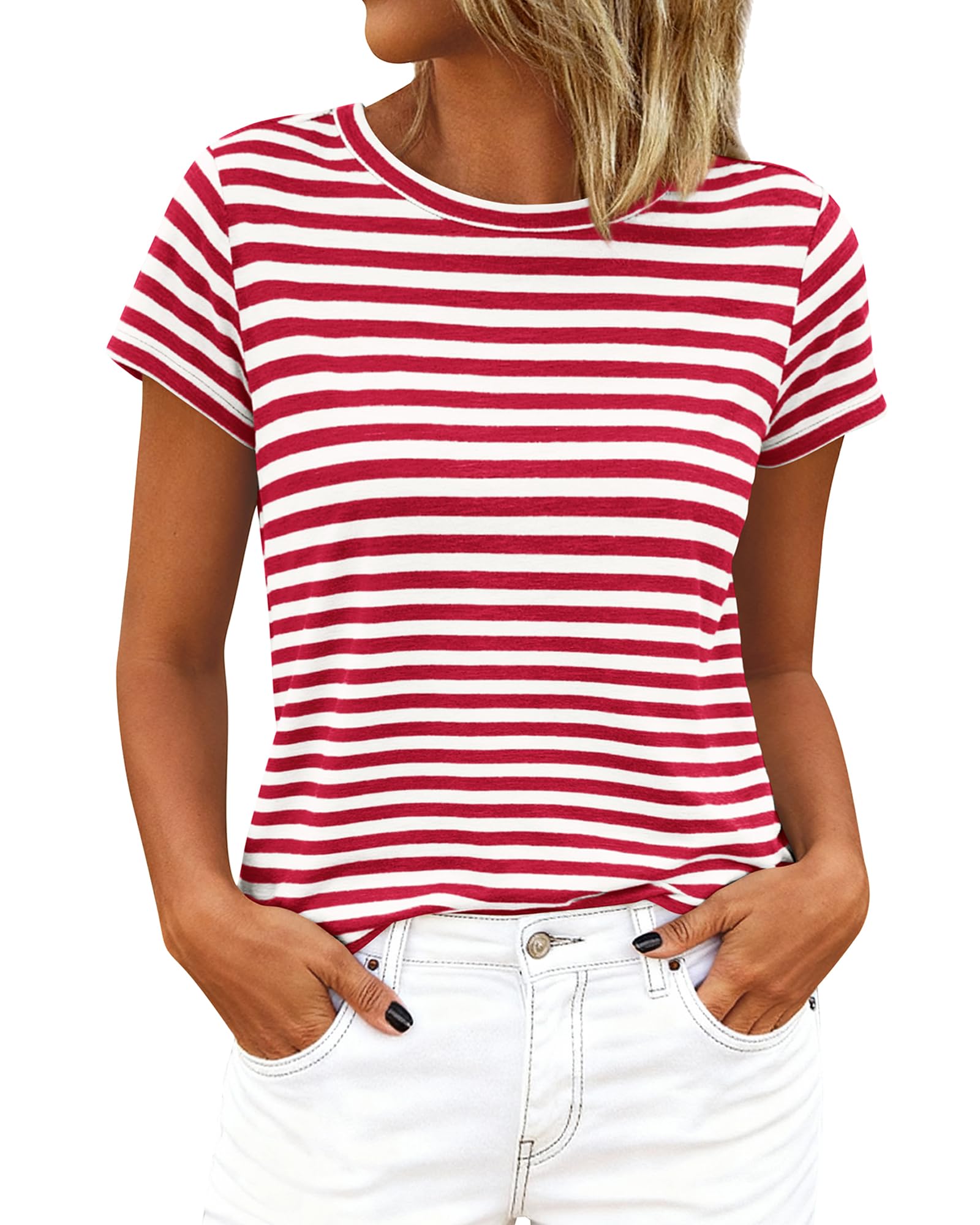 BTFBM Tops for Women Trendy Summer Crew Neck Short Sleeve T Shirts Striped Casual Vacation Blouse Basic Tee