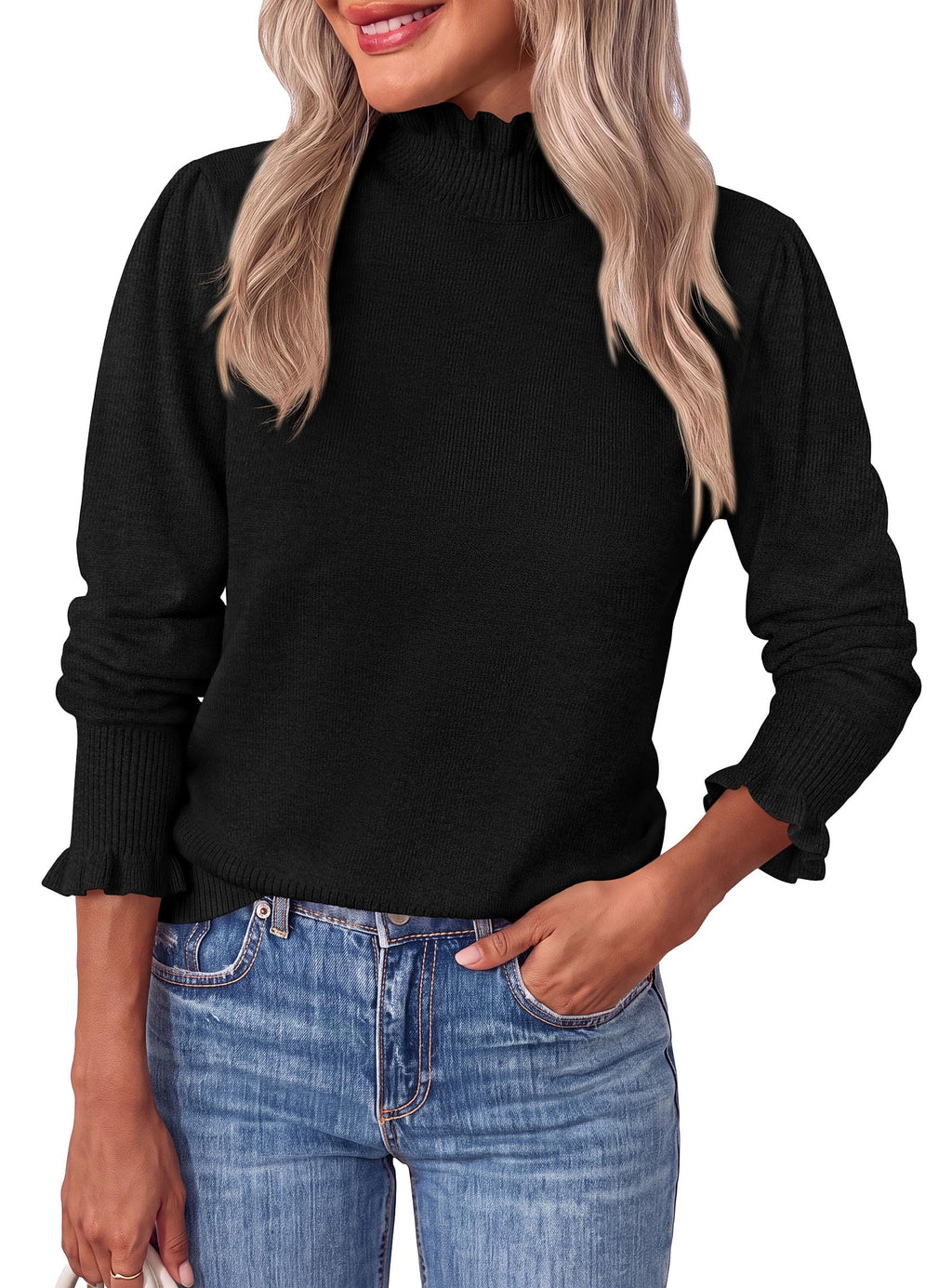 PRETTYGARDEN Women's Fall Cozy Sweaters Trendy Ruffle Mock Neck Pullover Soft Stretchy Warm, Ribbed Knit, Cute Tops, Puff Long Sleeve Blouses, Dressy Casual Shirts,Winter Clothing