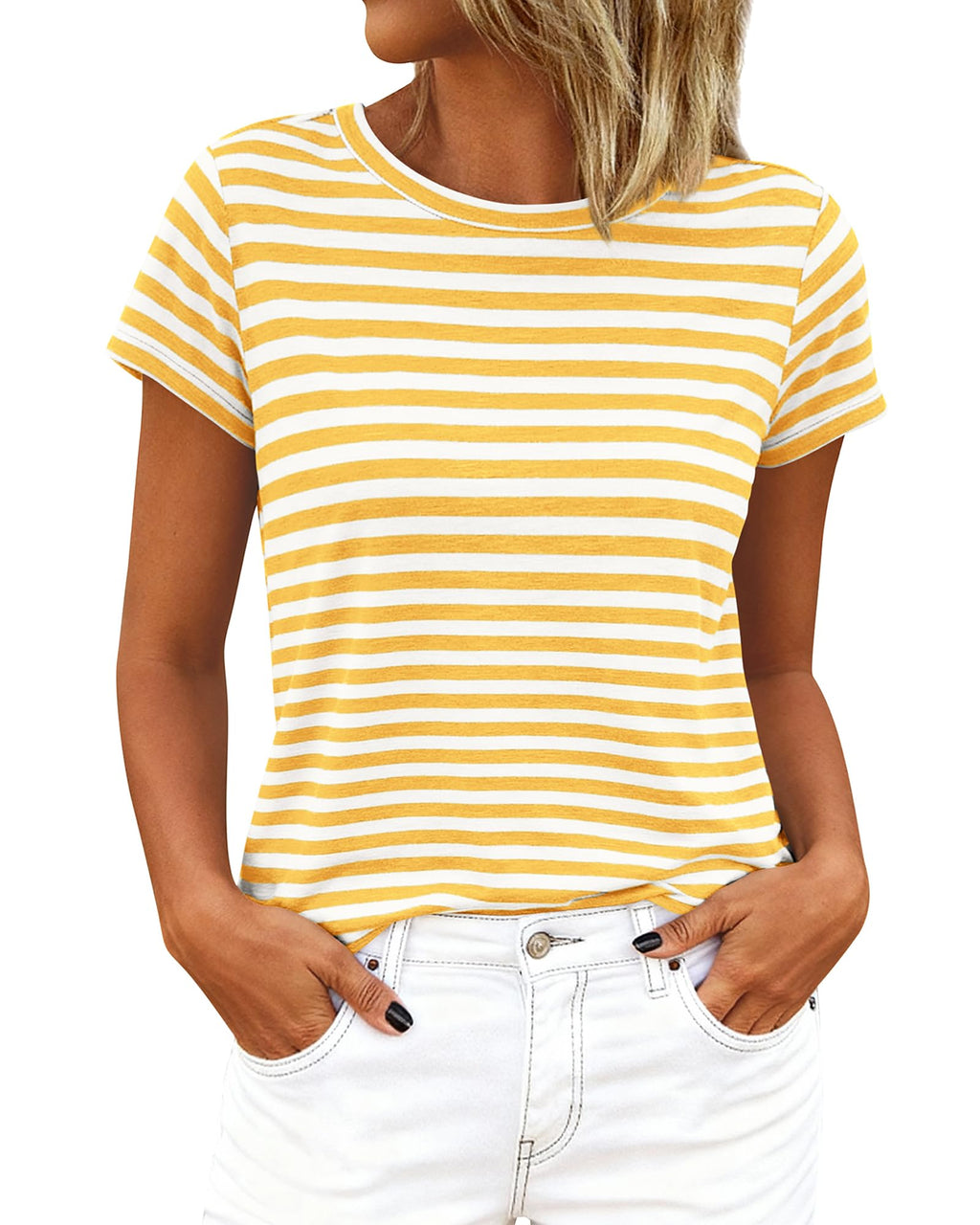 BTFBM Tops for Women Trendy Summer Crew Neck Short Sleeve T Shirts Striped Casual Vacation Blouse Basic Tee