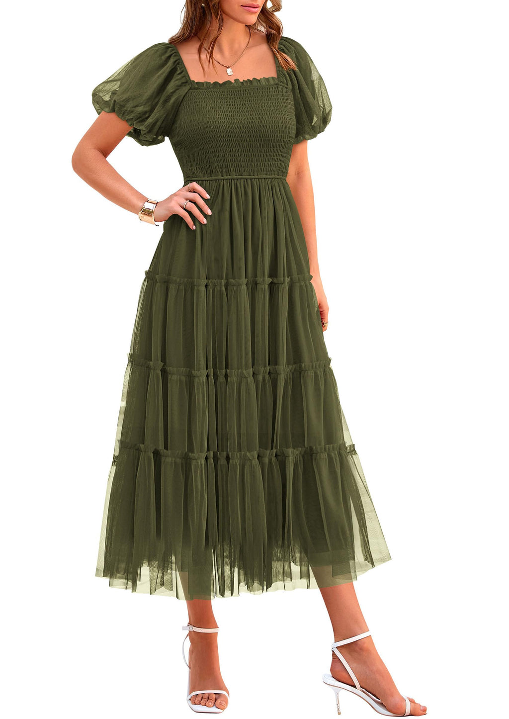 PRETTYGARDEN Women's Smocked Midi Tulle Dress  Summer Puffy Short Sleeve Square Neck Ruffle Wedding Guest Party Dresses