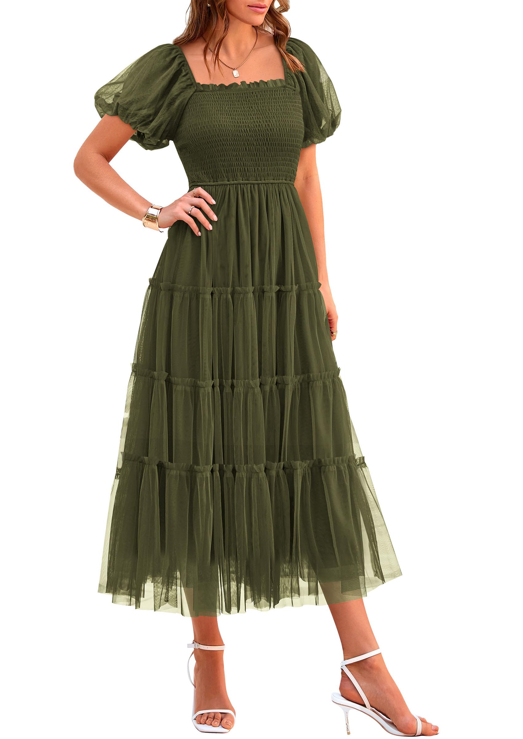 PRETTYGARDEN Women's Smocked Midi Tulle Dress  Summer Puffy Short Sleeve Square Neck Ruffle Wedding Guest Party Dresses
