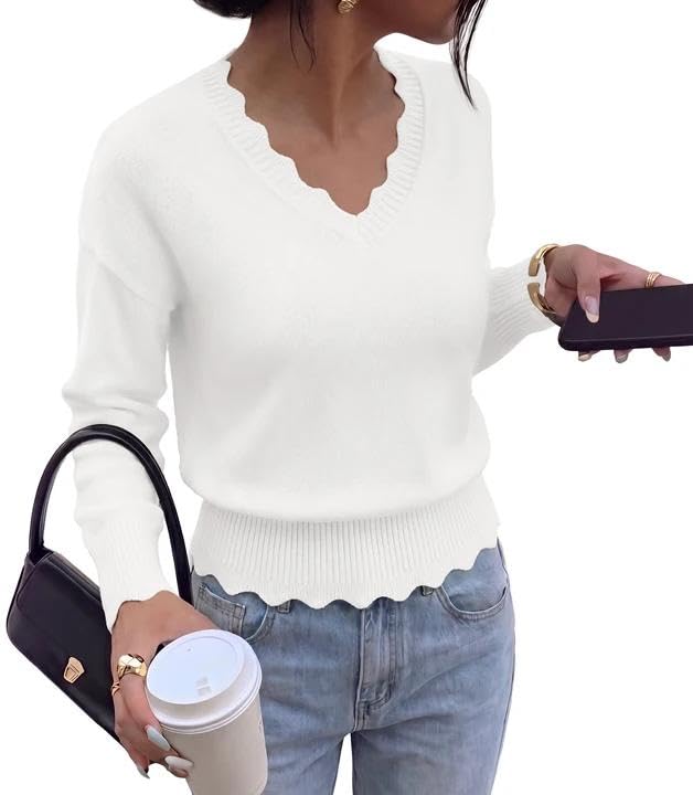 BTFBM Fall Long Sleeve Sweaters for Women | V Neck,Drop Shoulders,Scallop Edges,Lightweight Knit Sweaters Top,Daily Wear,Holiday,Christmas,Winter Clothing