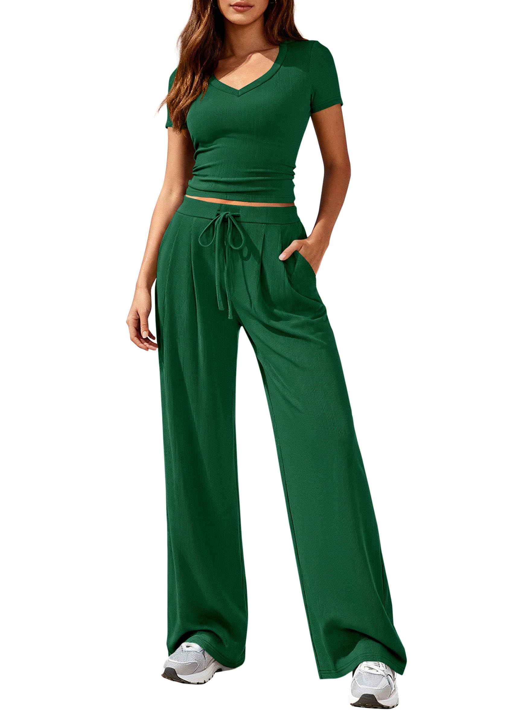 PRETTYGARDEN 2 Piece Sets for Women Summer Spring Lounge Set Matching V Neck Tops Wide Leg Pants Airport Travel Outfits