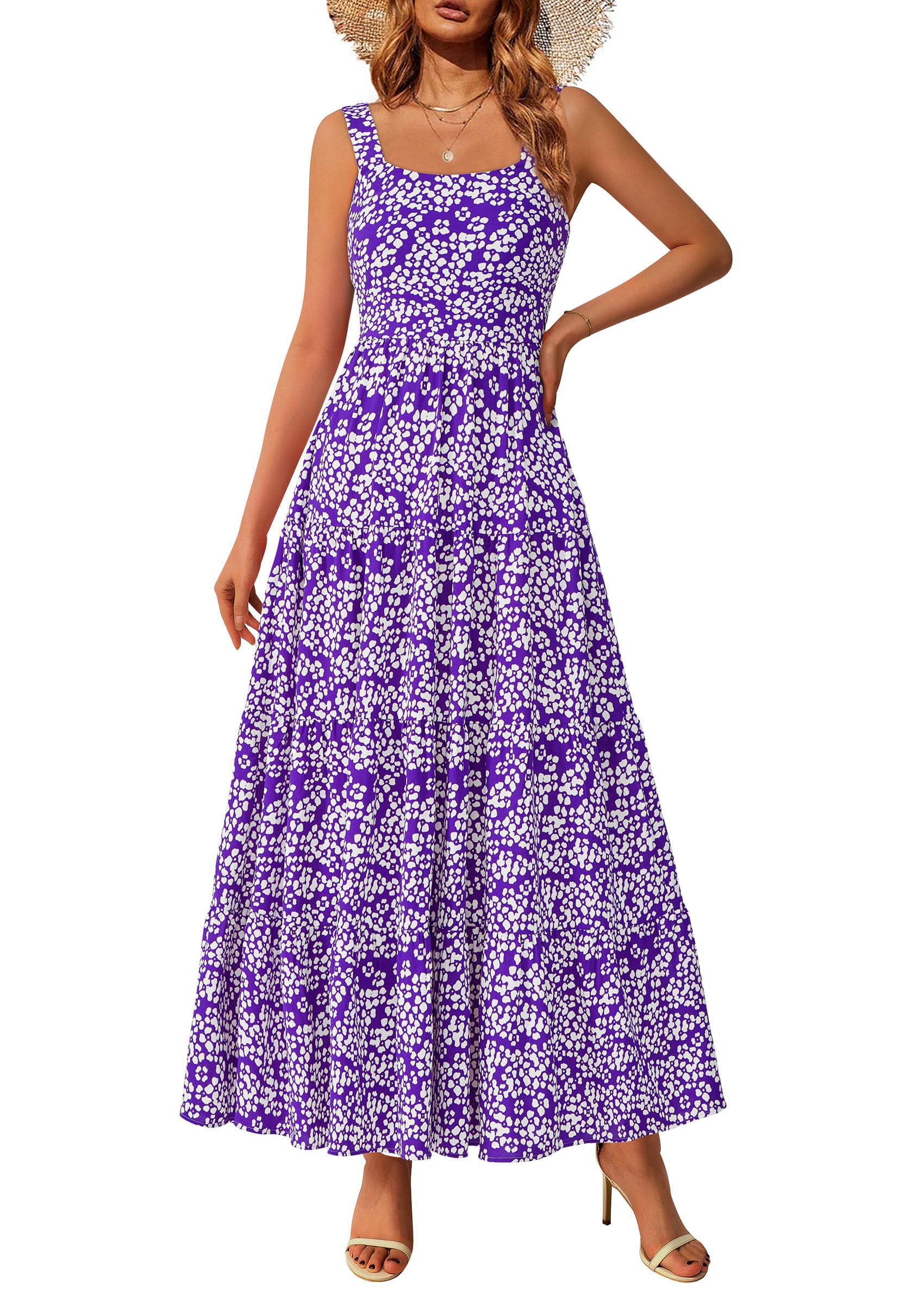 PRETTYGARDEN Women's Summer Floral Maxi Dress Sleeveless Smocked Ruffle Long Flowy Beach Vacation Boho Sundresses