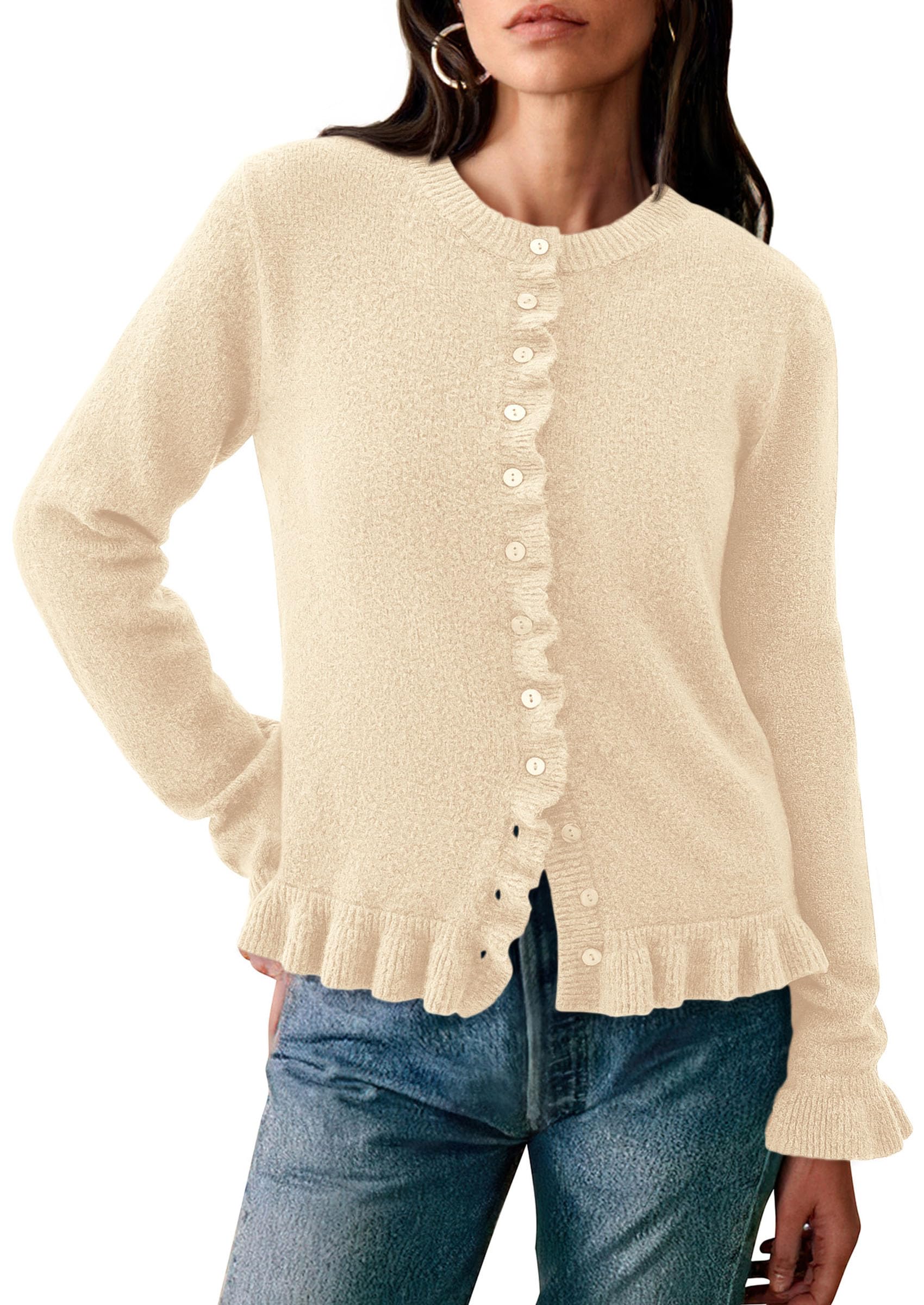 PRETTYGARDEN Womens Fall Button Down Cardigans Chunky Knit Ruffle Open Front Cropped Cardigan Sweaters Soft Long Sleeve Tops