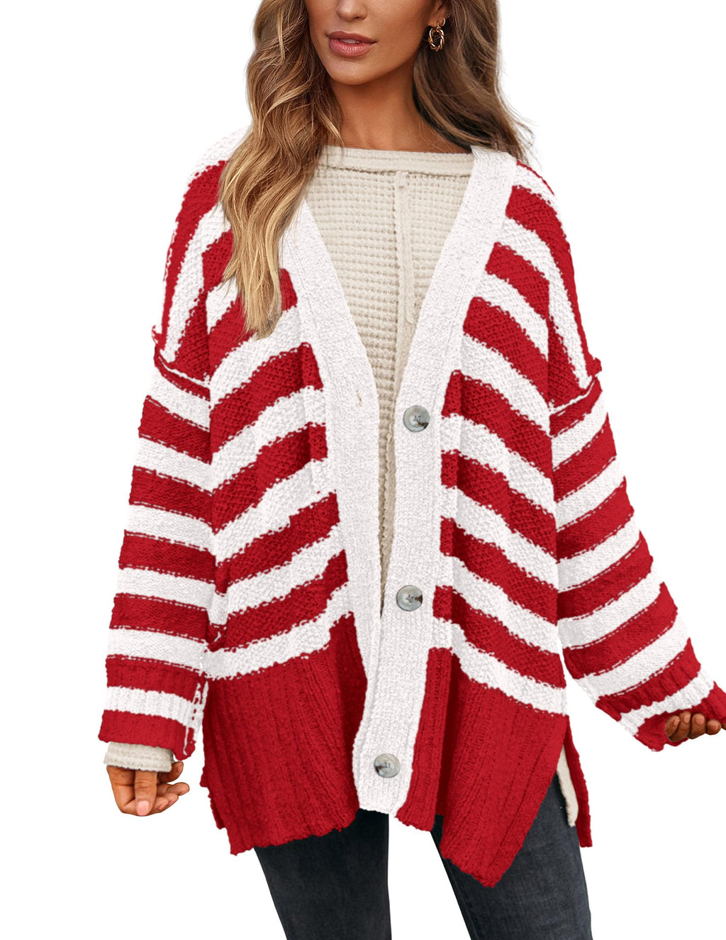 PRETTYGARDEN Women's Winter Striped Cardigan Sweaters Long Sleeve Button Down Open Front Chunky Knit Oversized Sweater Coat