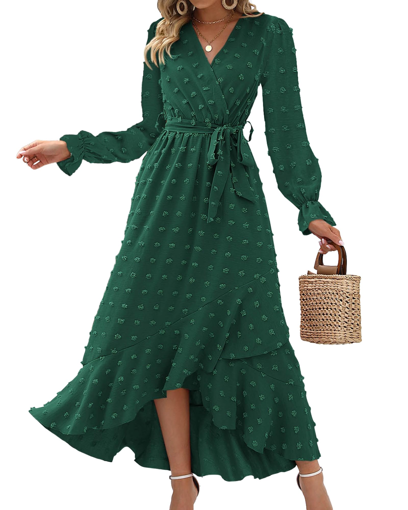 FreshPretty Long Sleeve Maxi Dresses for Women V Neck Swiss Dot Boho Flowy Slit Cocktail Wedding Guest Dress Fall Clothes