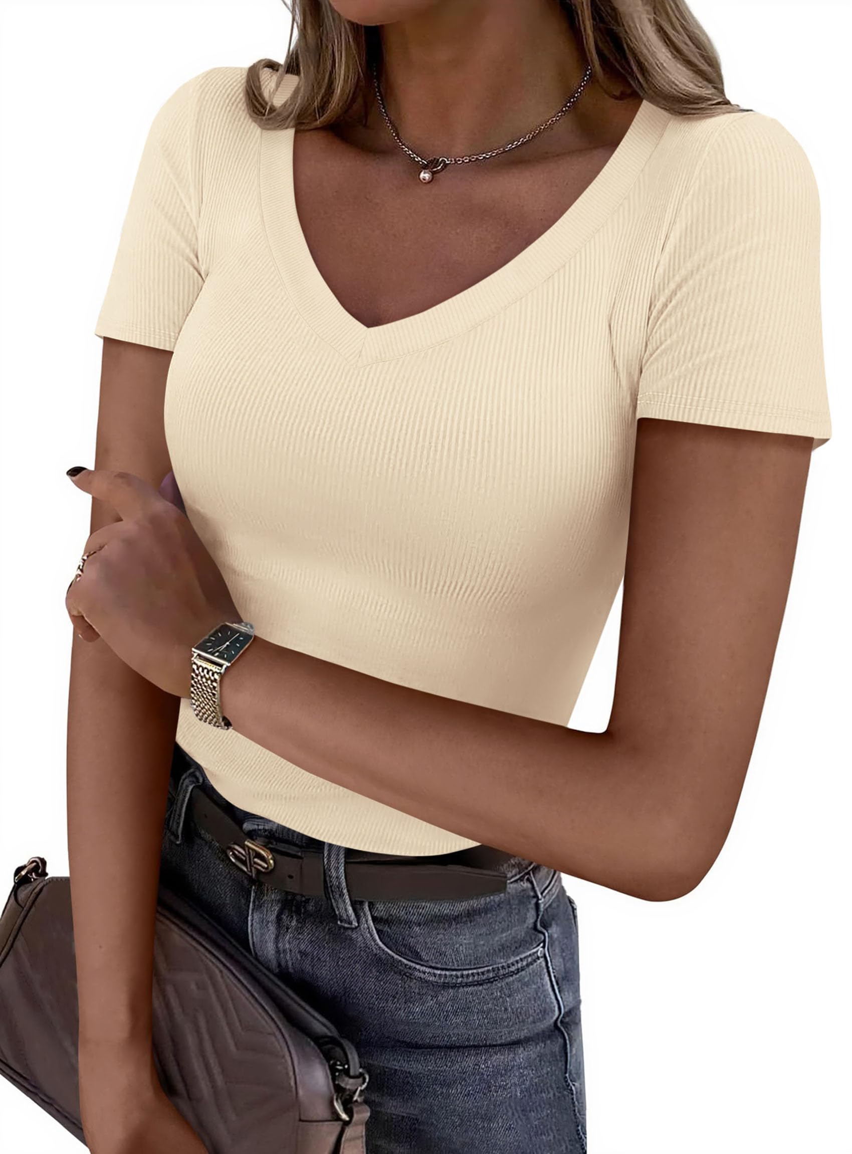 PRETTYGARDEN Women Spring Tops Trendy Ribbed Short Sleeve V Neck Fitted Basic Tee Shirts Casual Going Out Summer Outfits