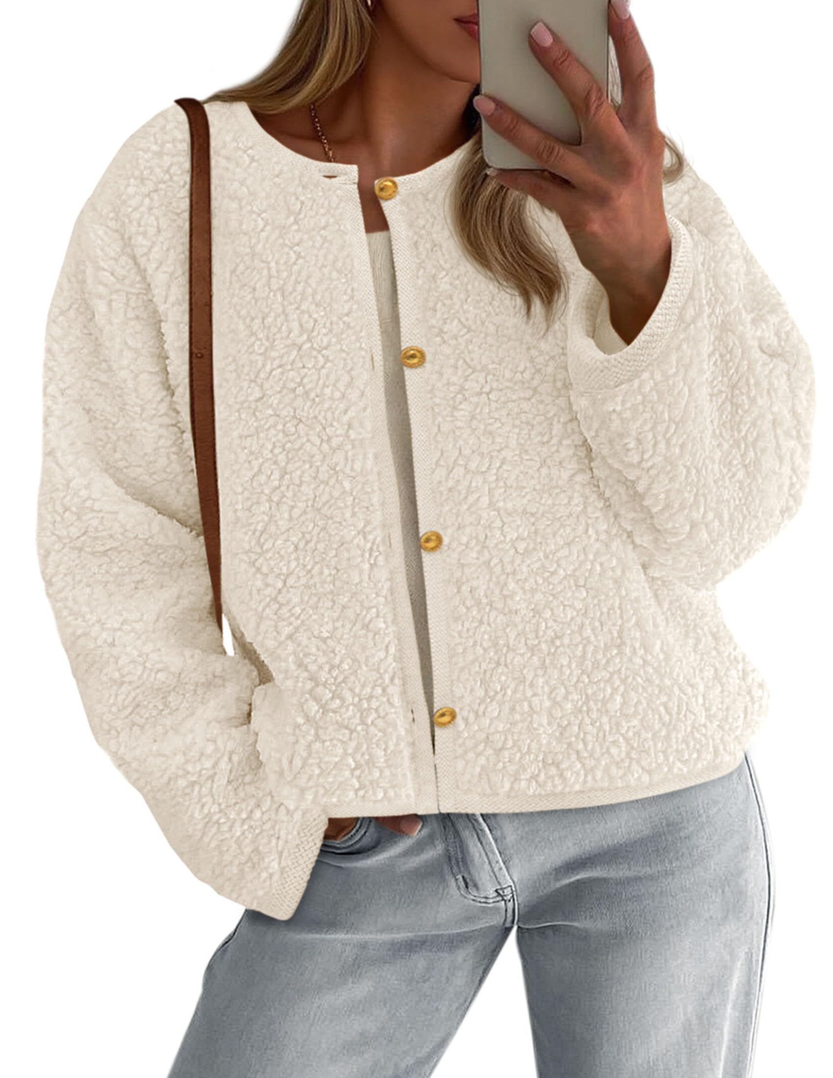 PRETTYGARDEN Women's Fall Fashion Clothes Trendy Fleece Sherpa Cropped Jackets Buttons Warm Casual Winter Faux Fur Coats