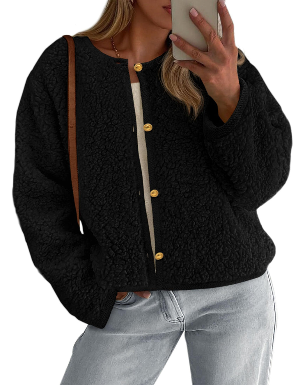 PRETTYGARDEN Women's Fall Fashion Clothes Trendy Fleece Sherpa Cropped Jackets Buttons Warm Casual Winter Faux Fur Coats